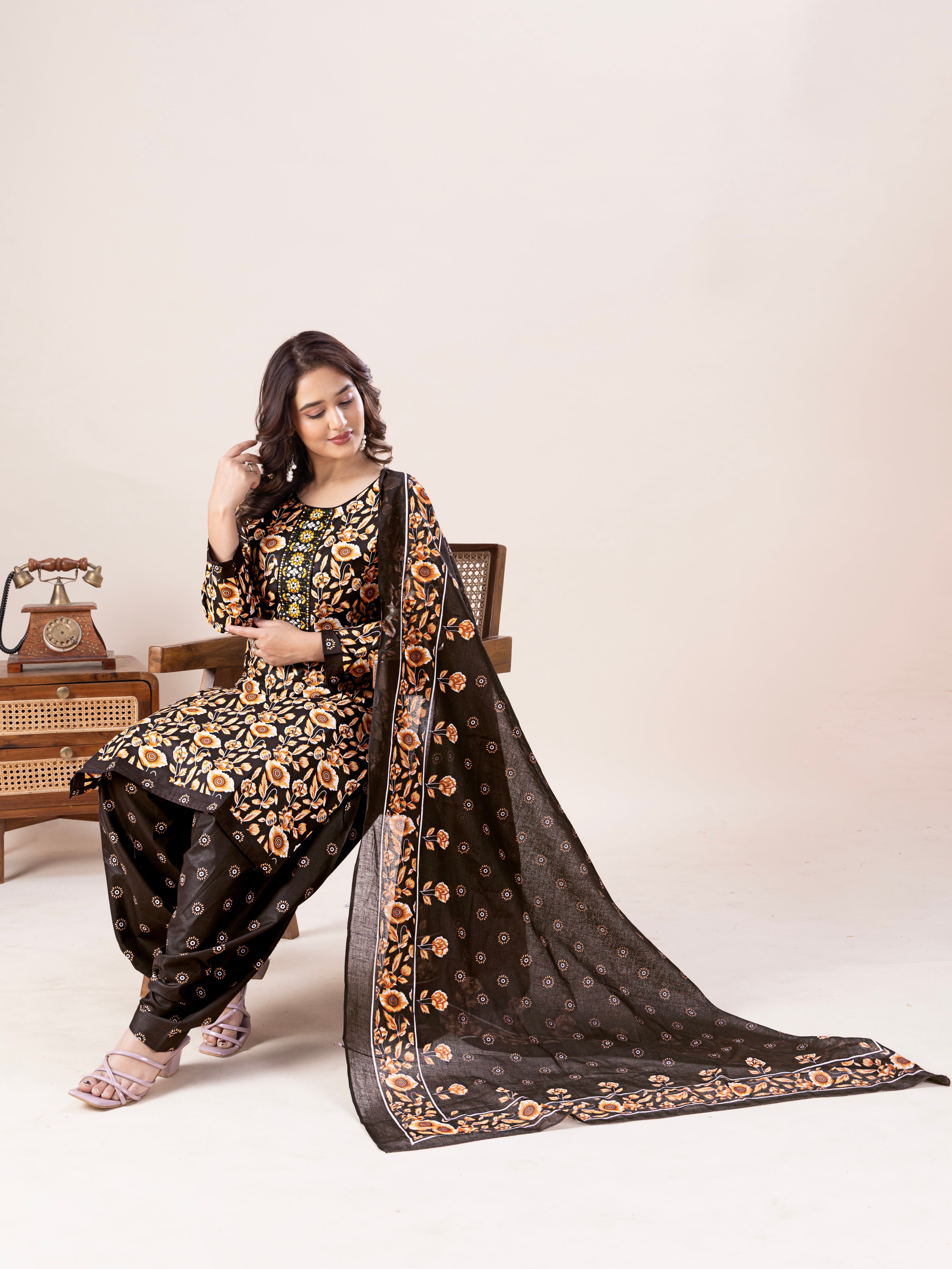 Brown Floral Print Patiala Suit Set