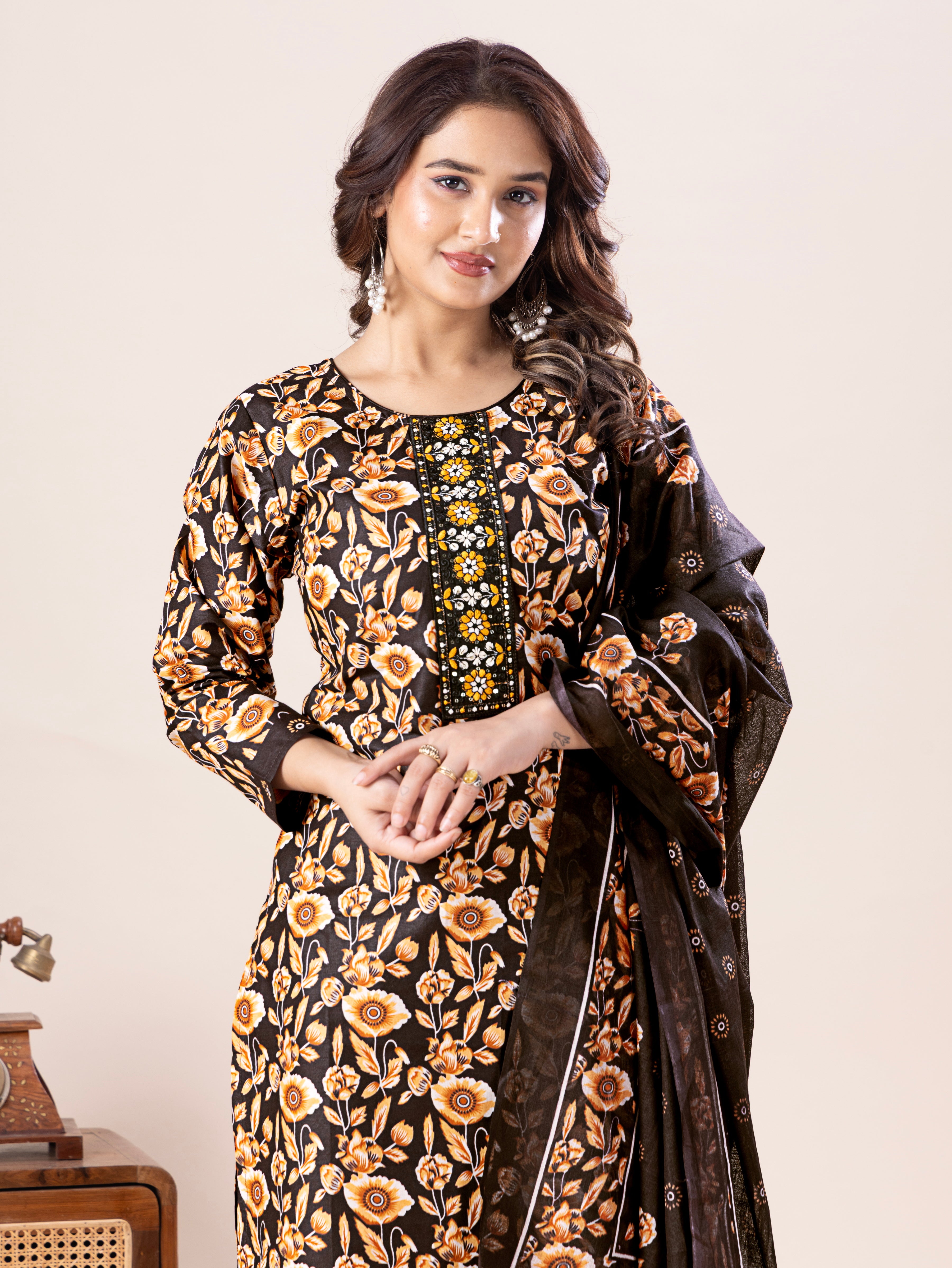 Brown Floral Print Patiala Suit Set
