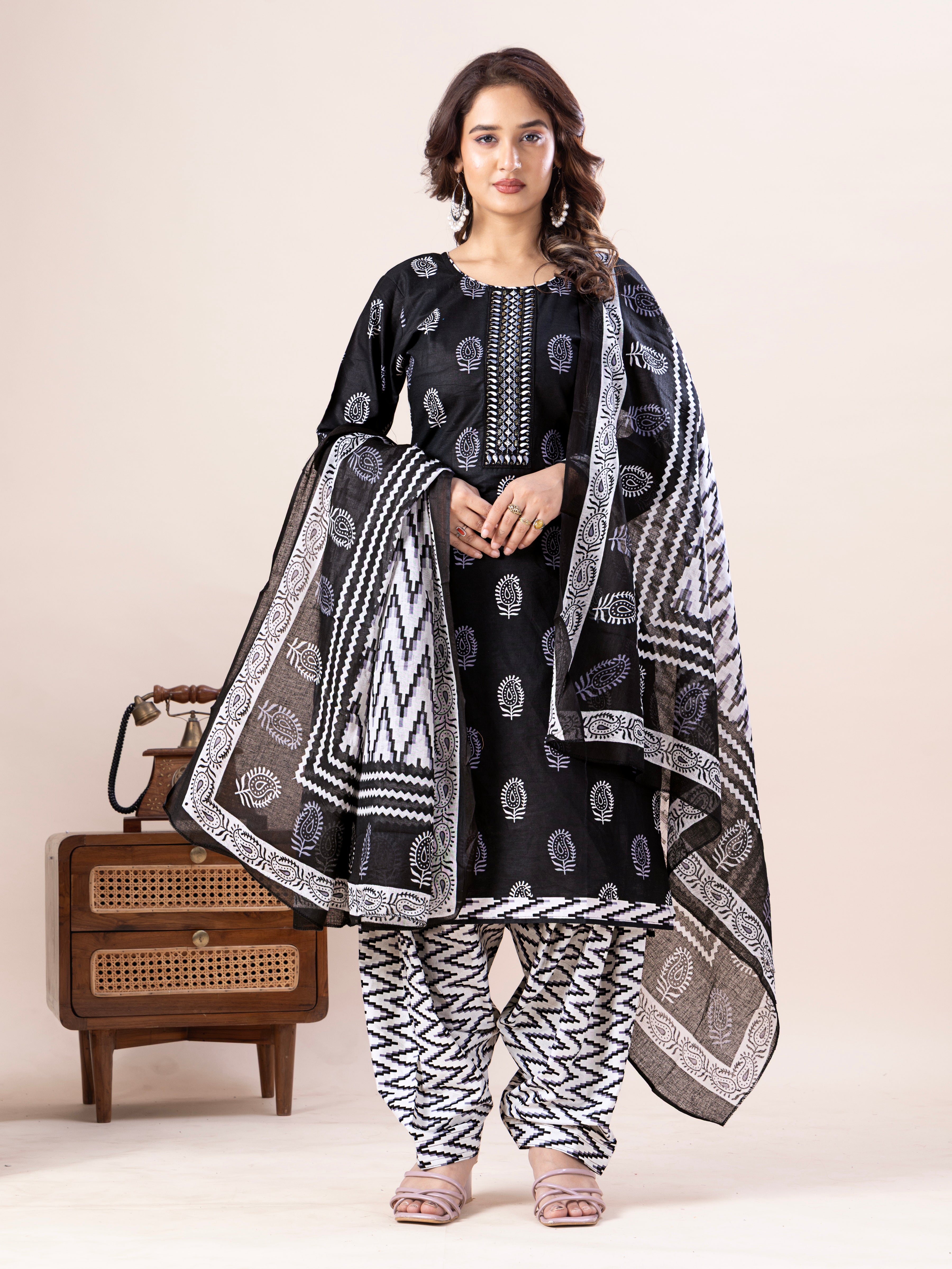 Black & White Print Patiala Suit Set