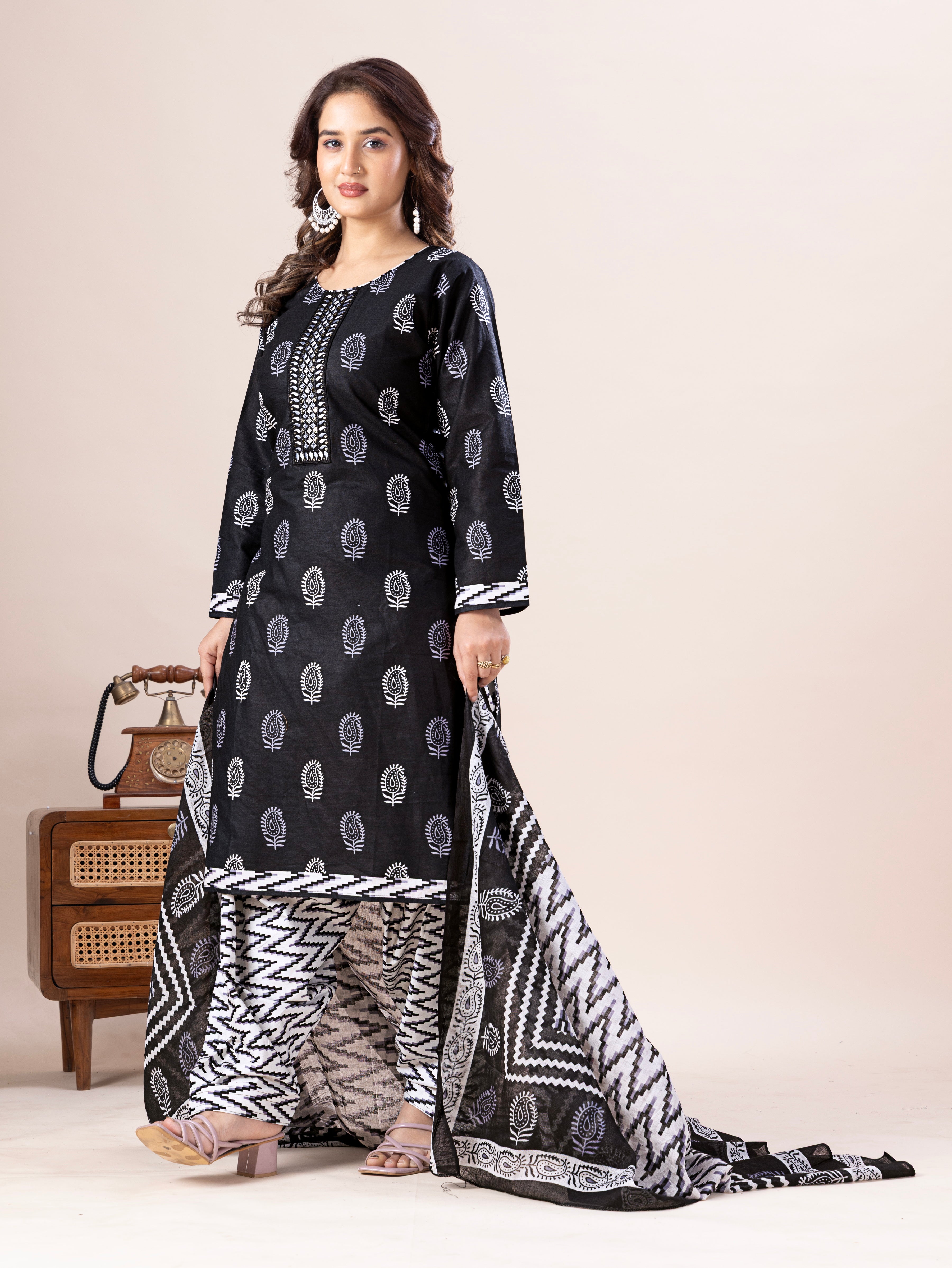 Black & White Print Patiala Suit Set