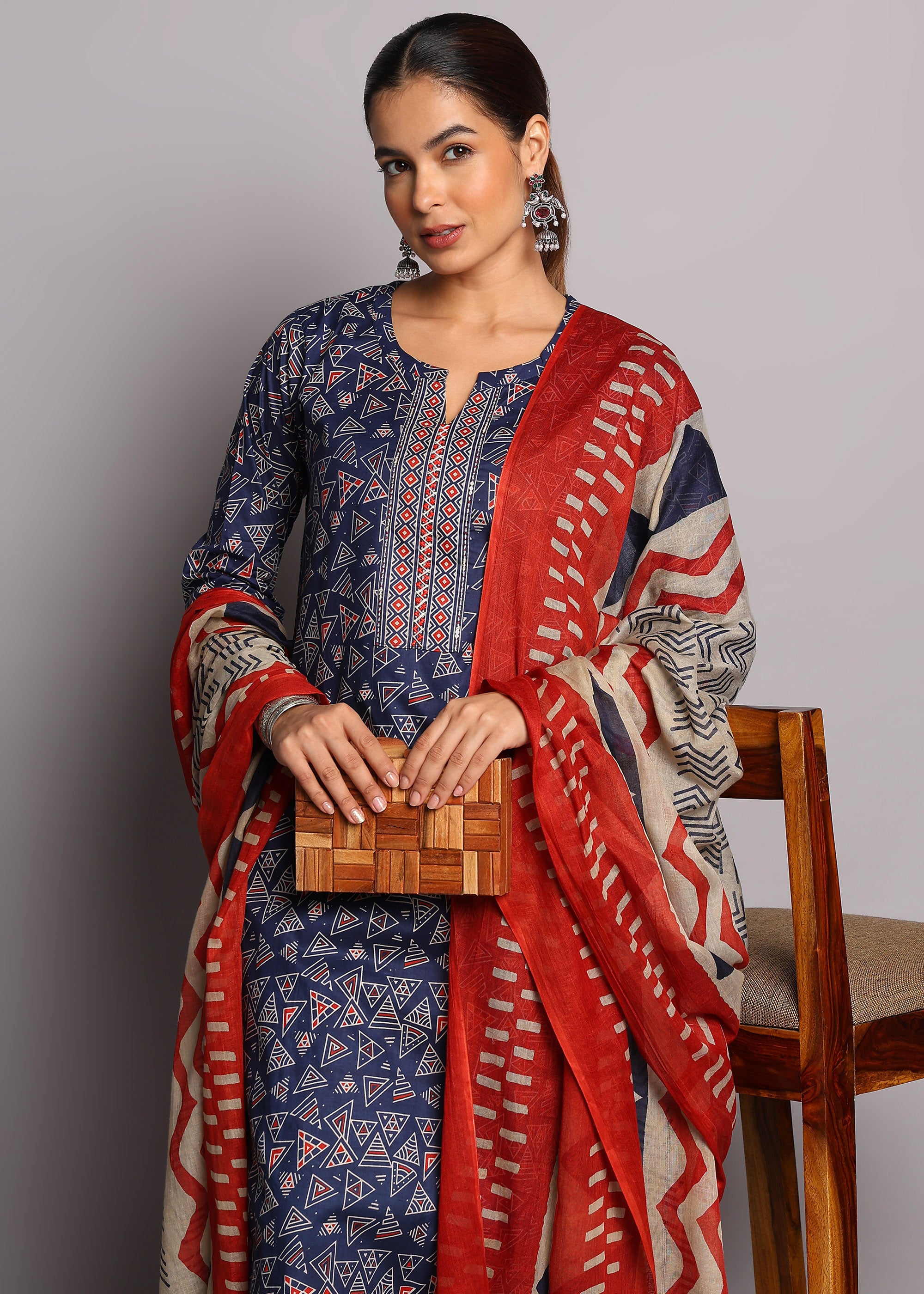 Navy Blue Geometric Kurta Set