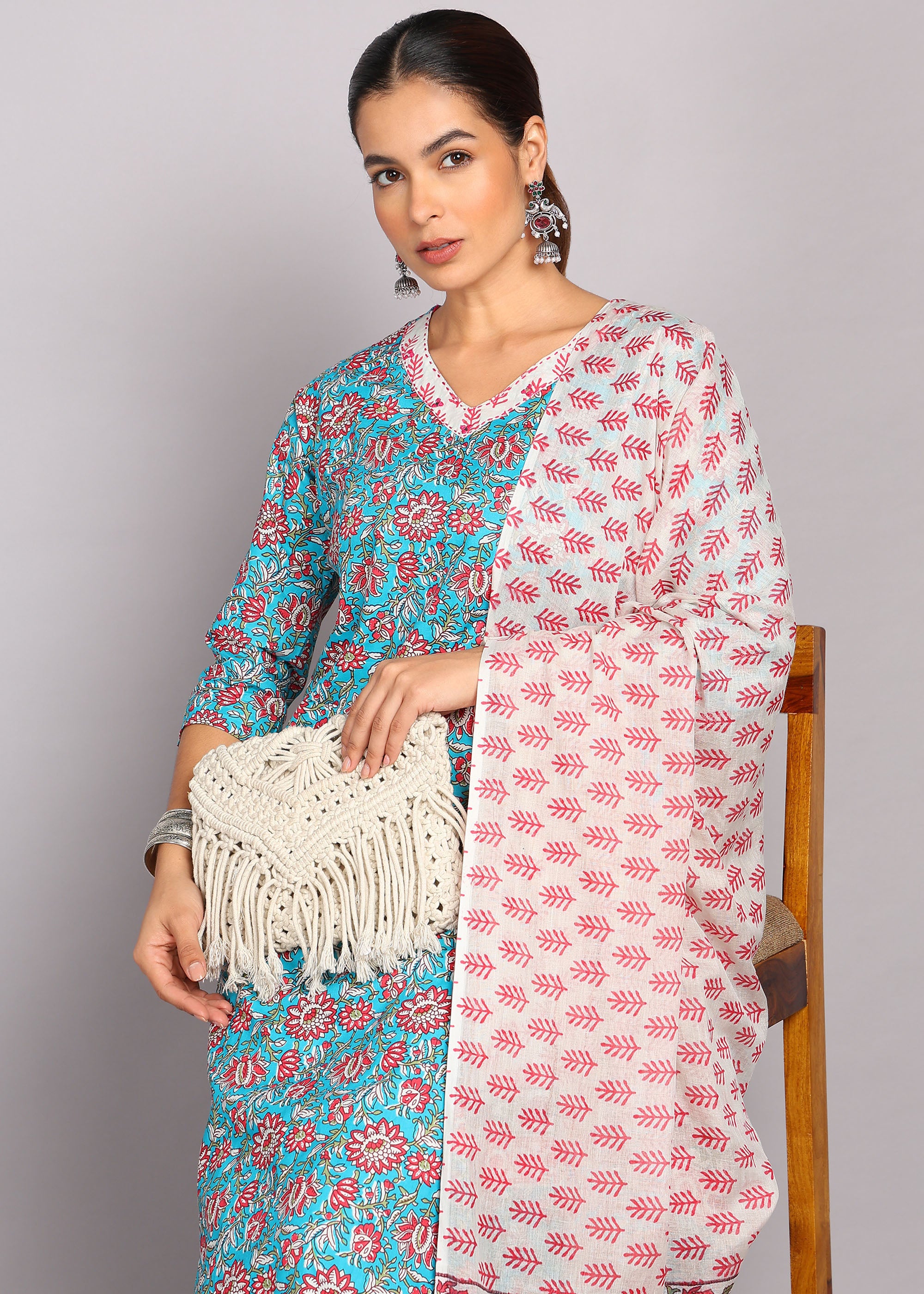 Sky Blue Floral Kurta Set