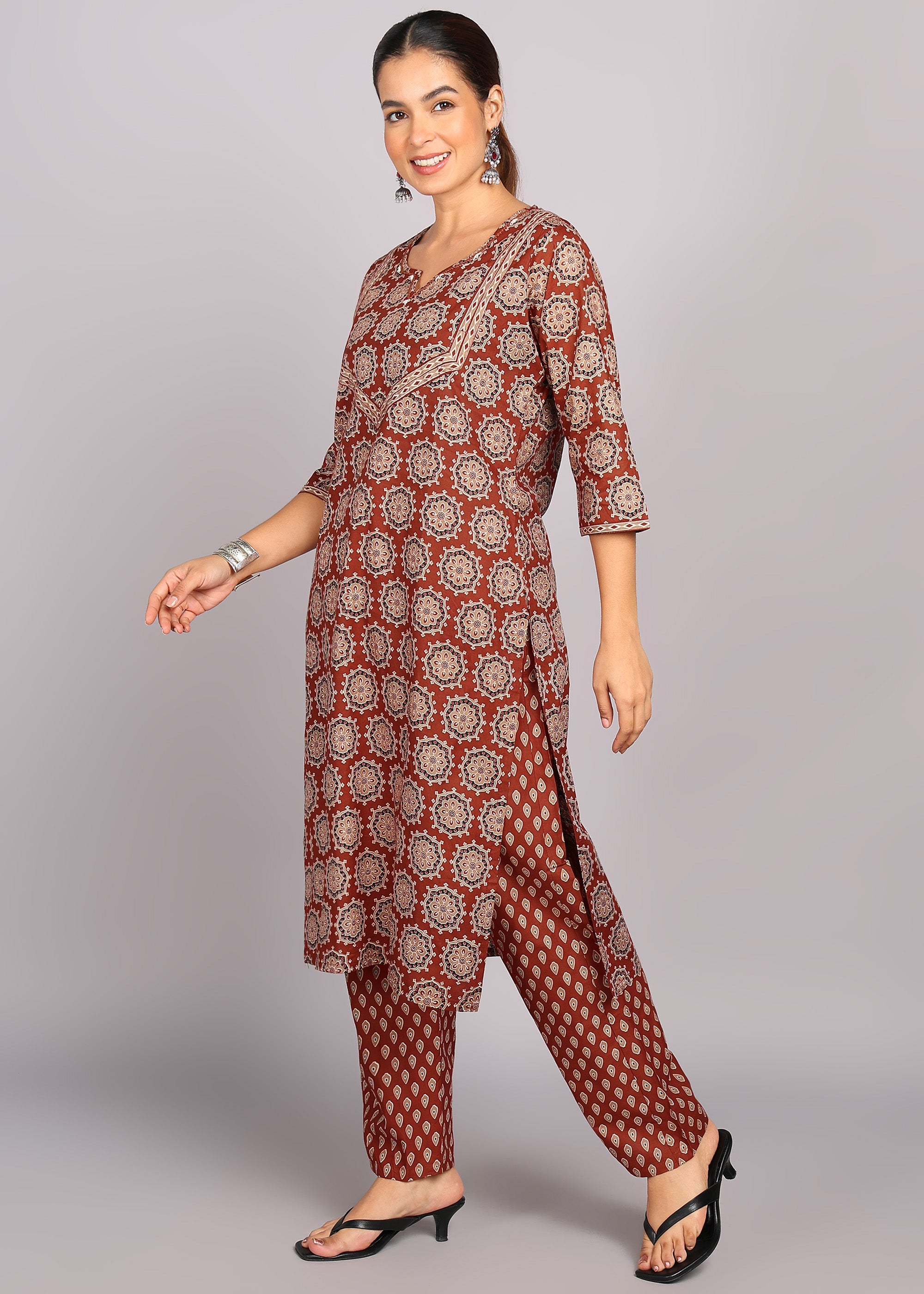 Rust Brown Printed Kurta Set with Dupatta
