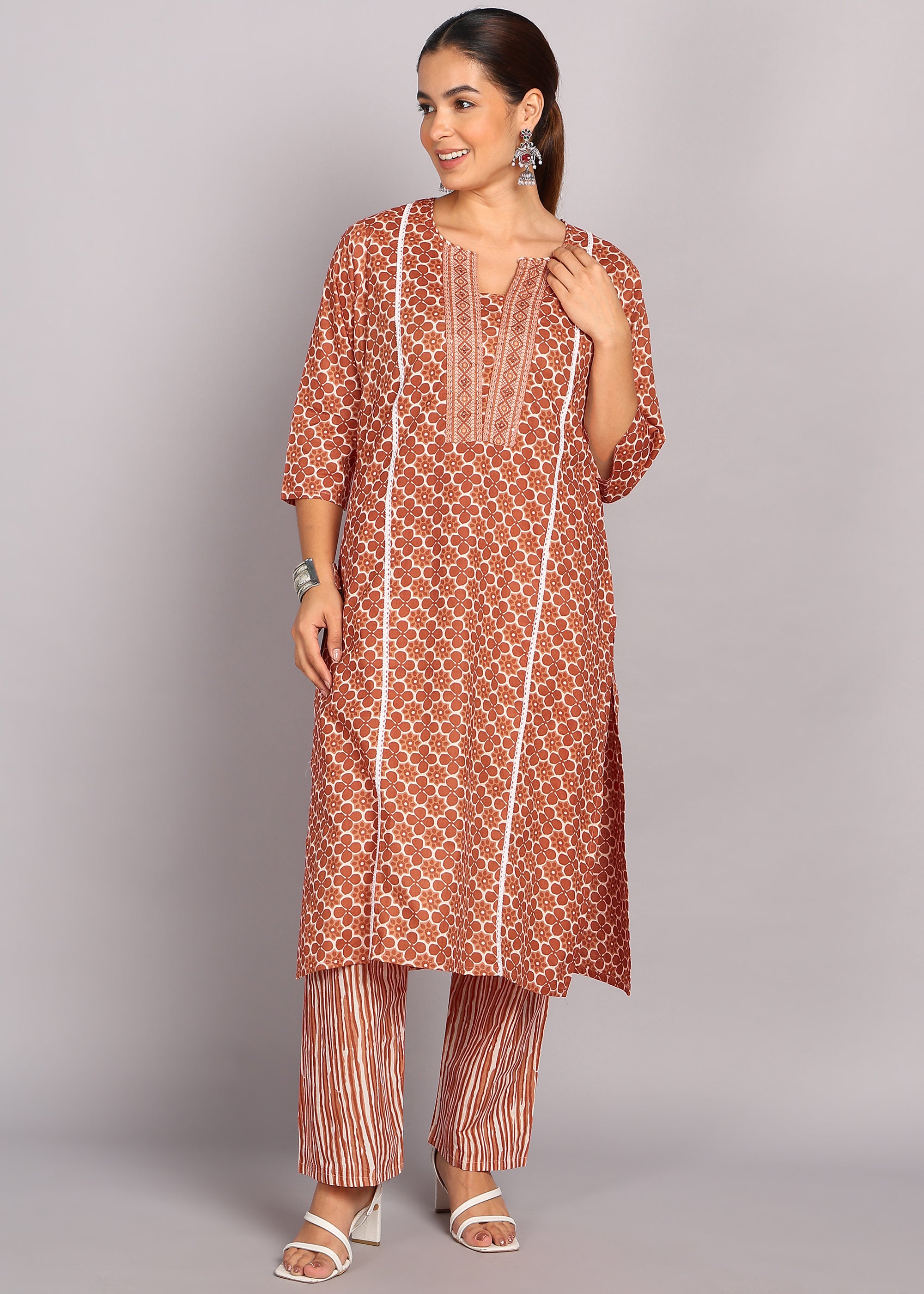 Brown Floral Printed Kurta Set