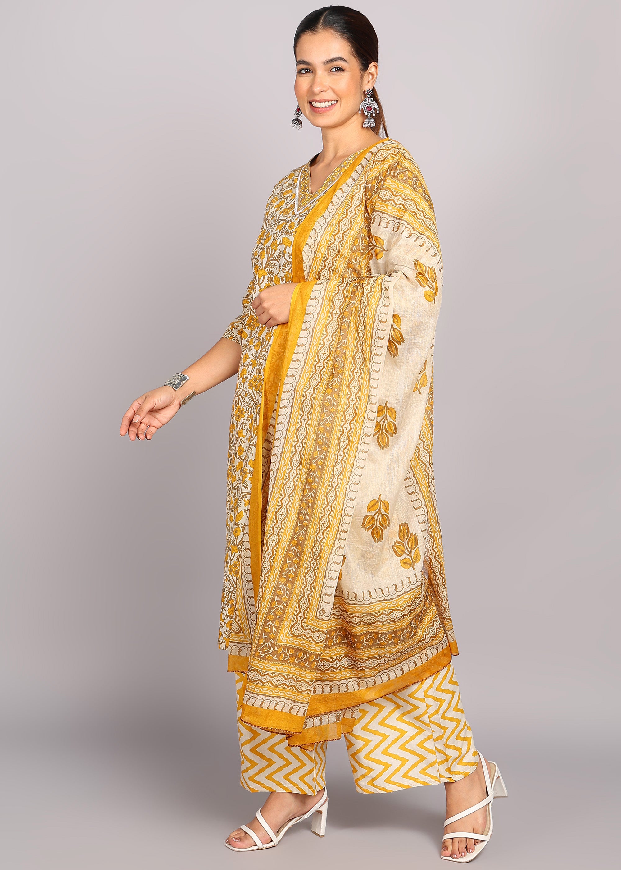 Mustard Floral Printed Kurta Set