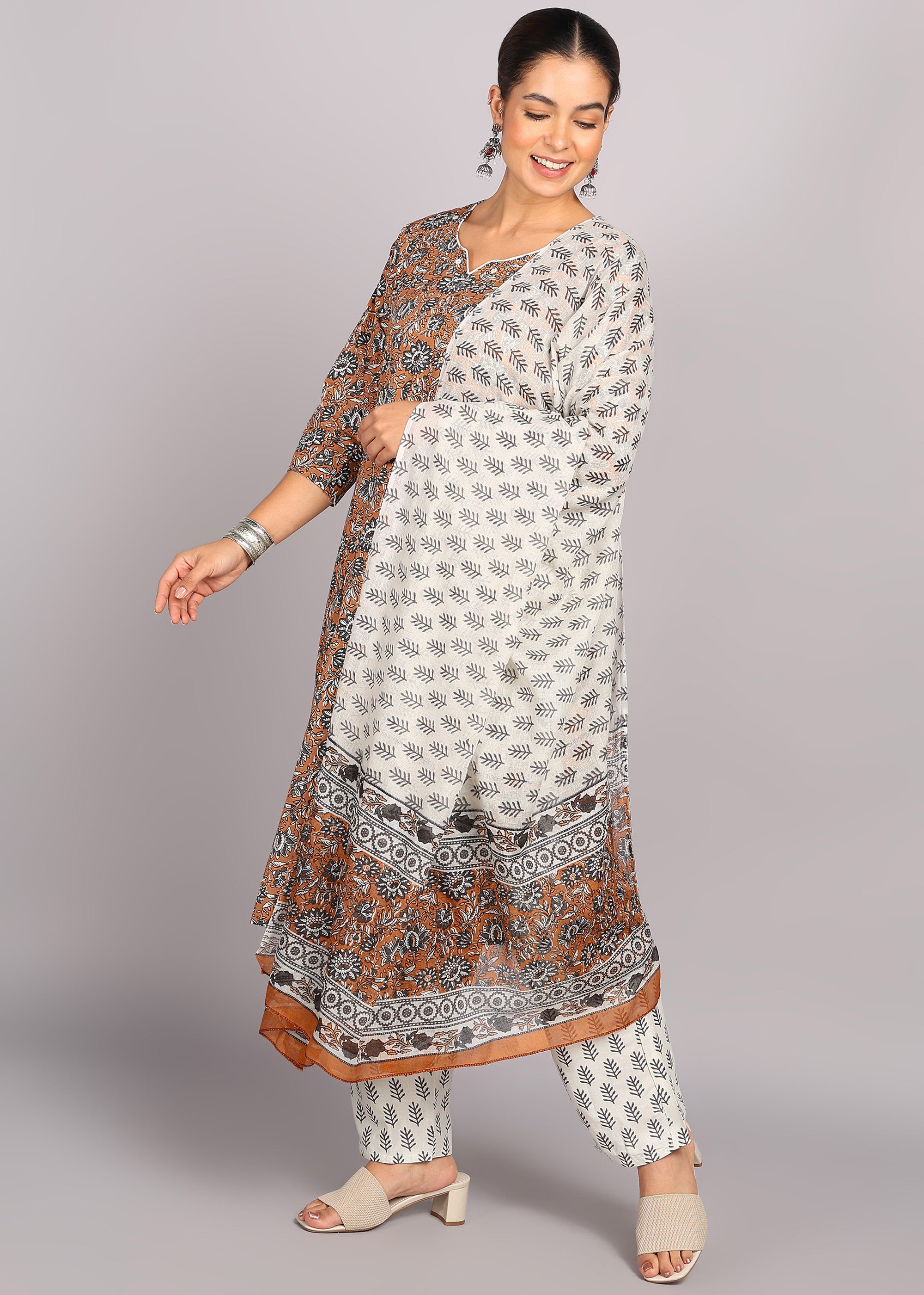 Brown Floral Printed Kurta Set