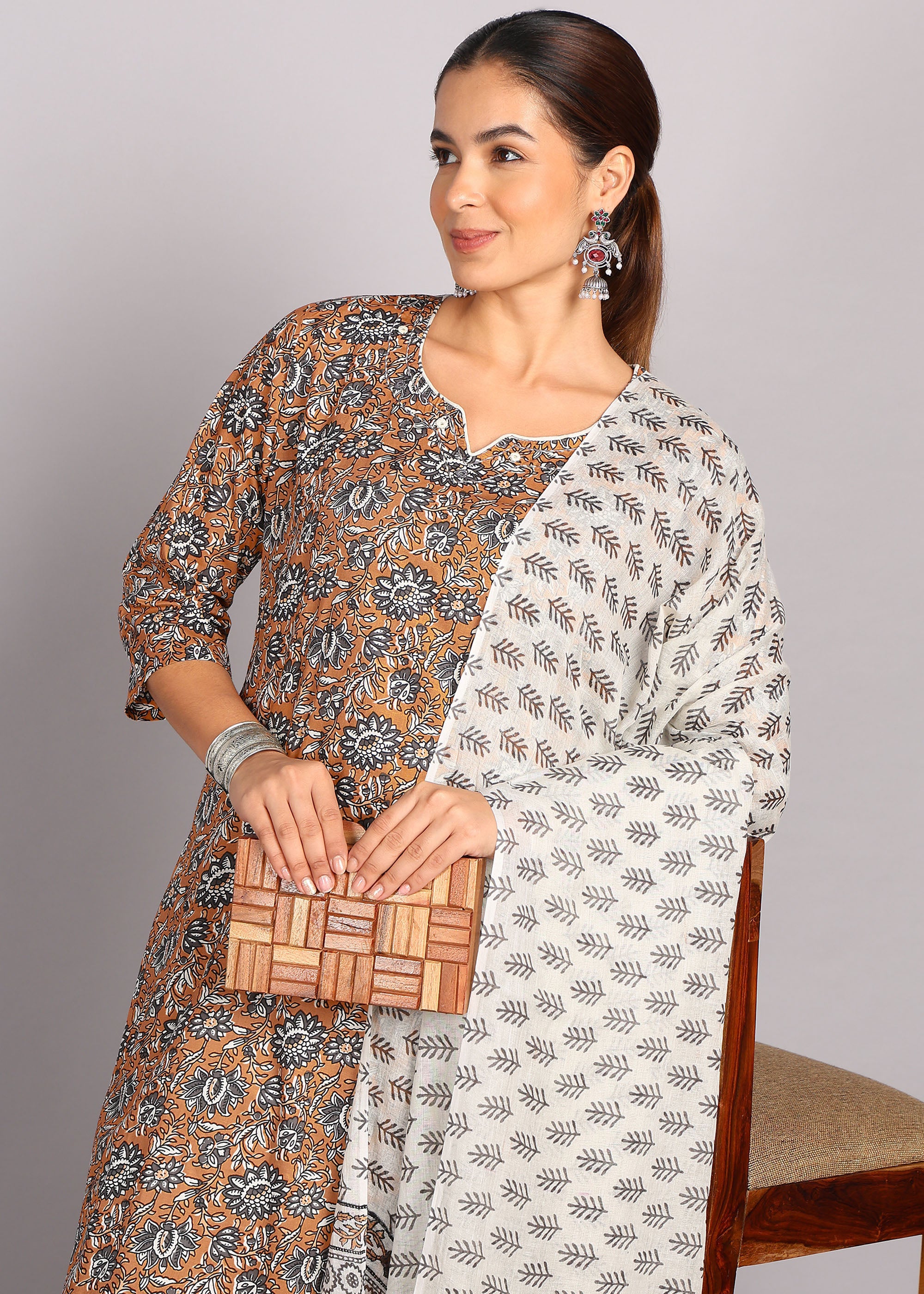 Brown Floral Printed Kurta Set