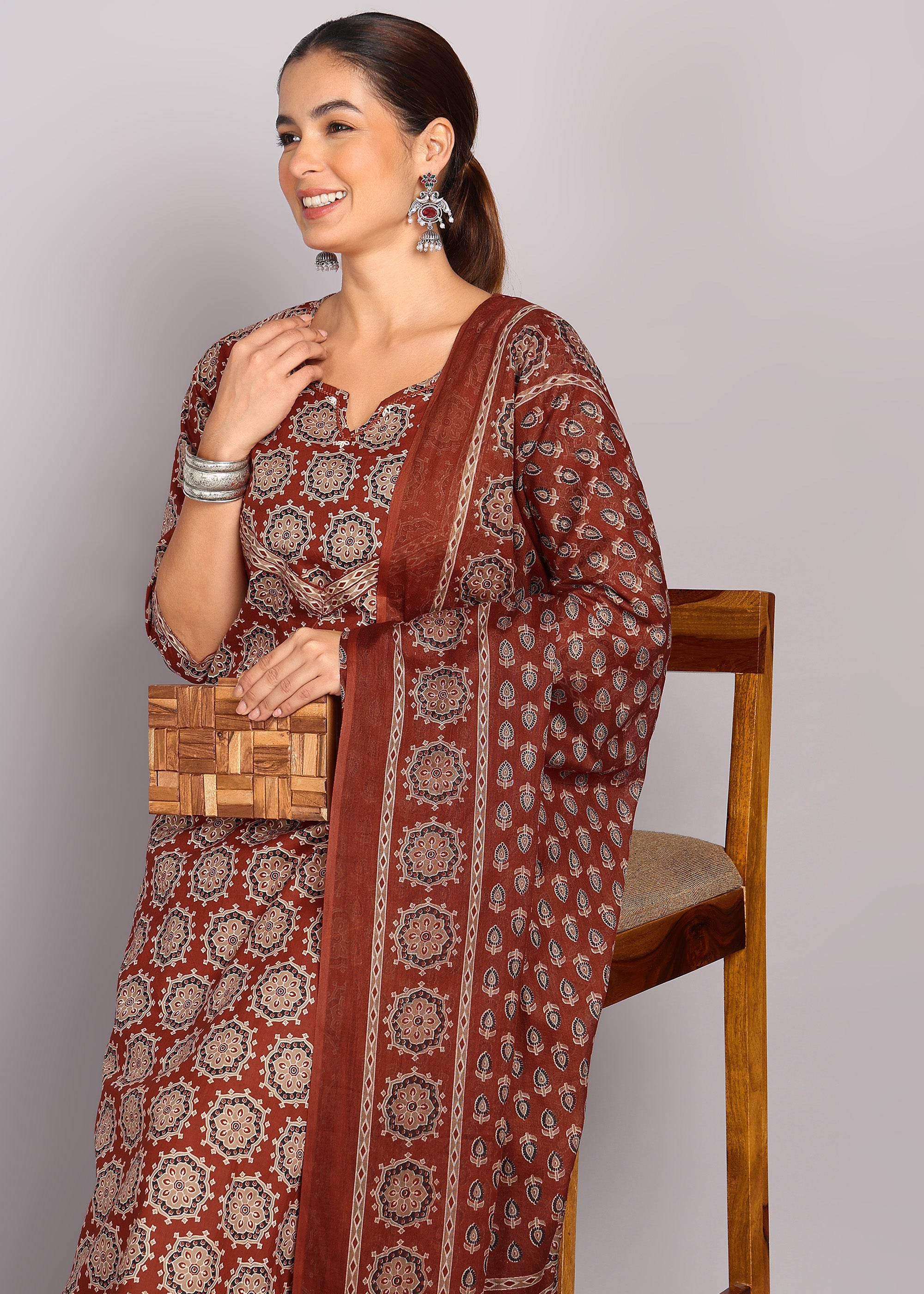 Rust Brown Printed Kurta Set with Dupatta