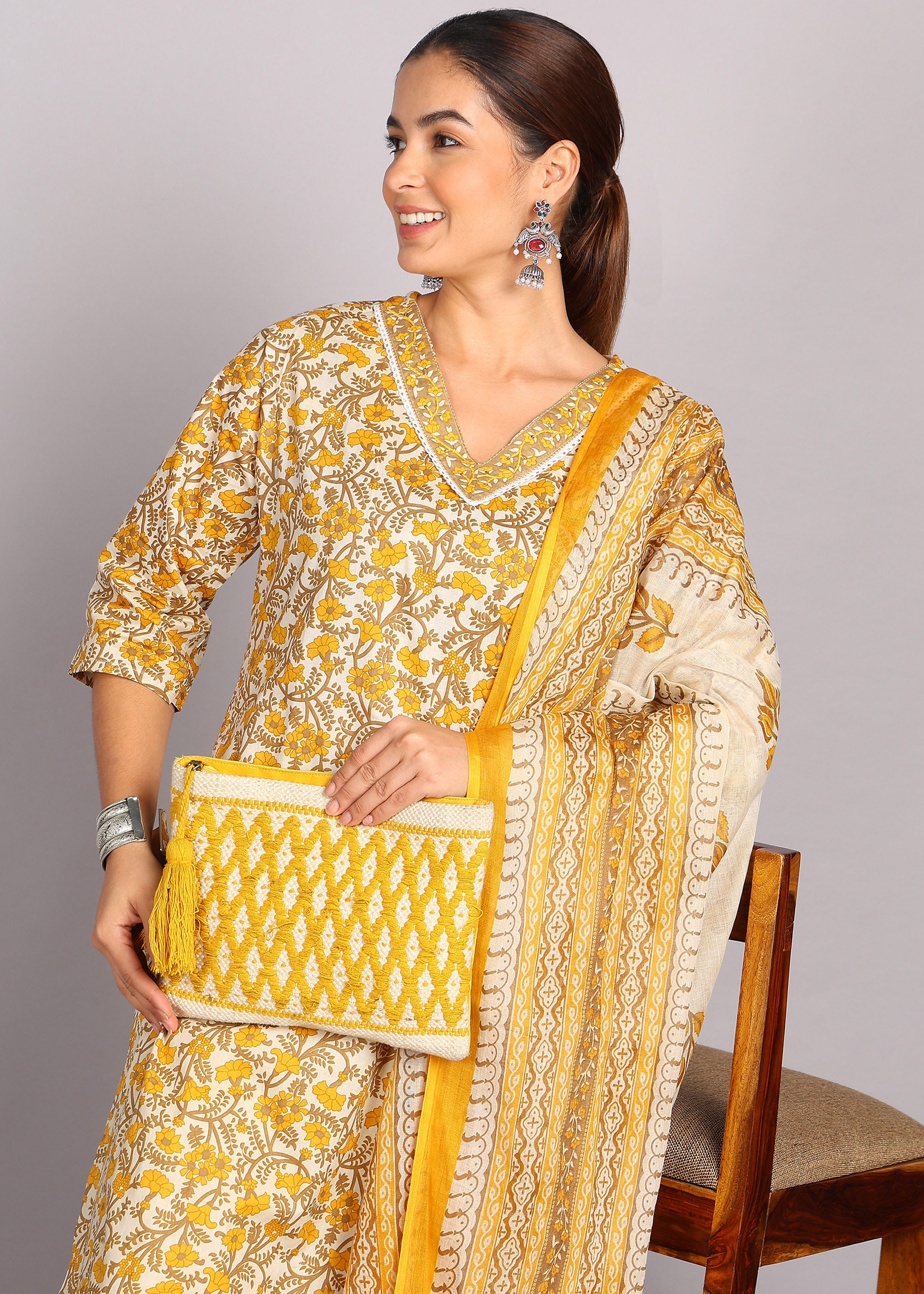 Mustard Floral Printed Kurta Set