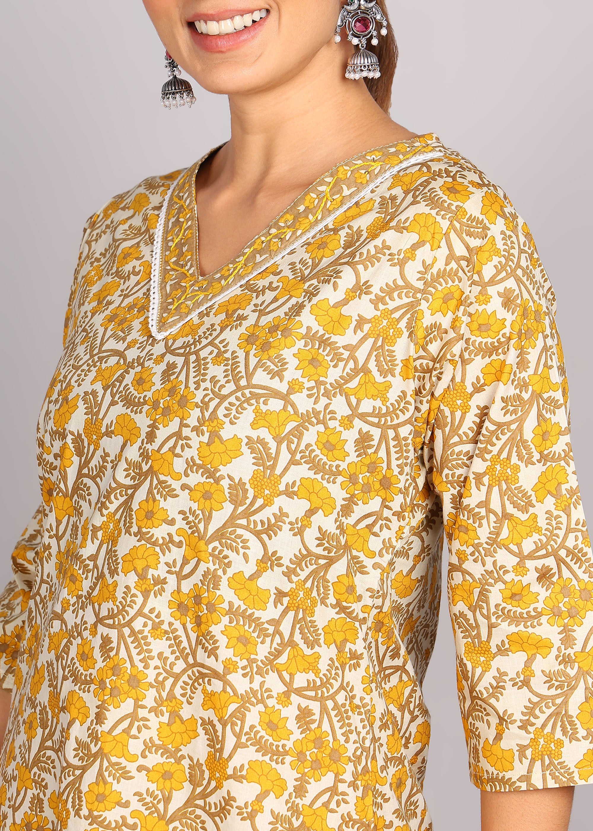 Mustard Floral Printed Kurta Set