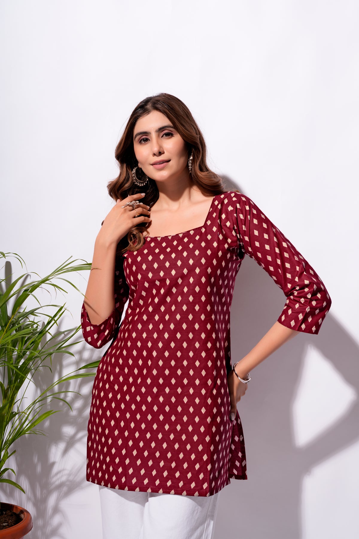 Maroon Bandhani Full Sleeve Short Kurti