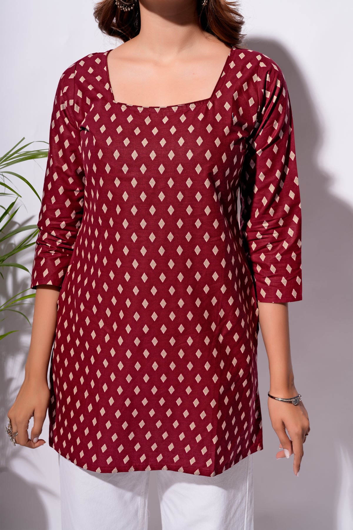 Maroon Bandhani Full Sleeve Short Kurti