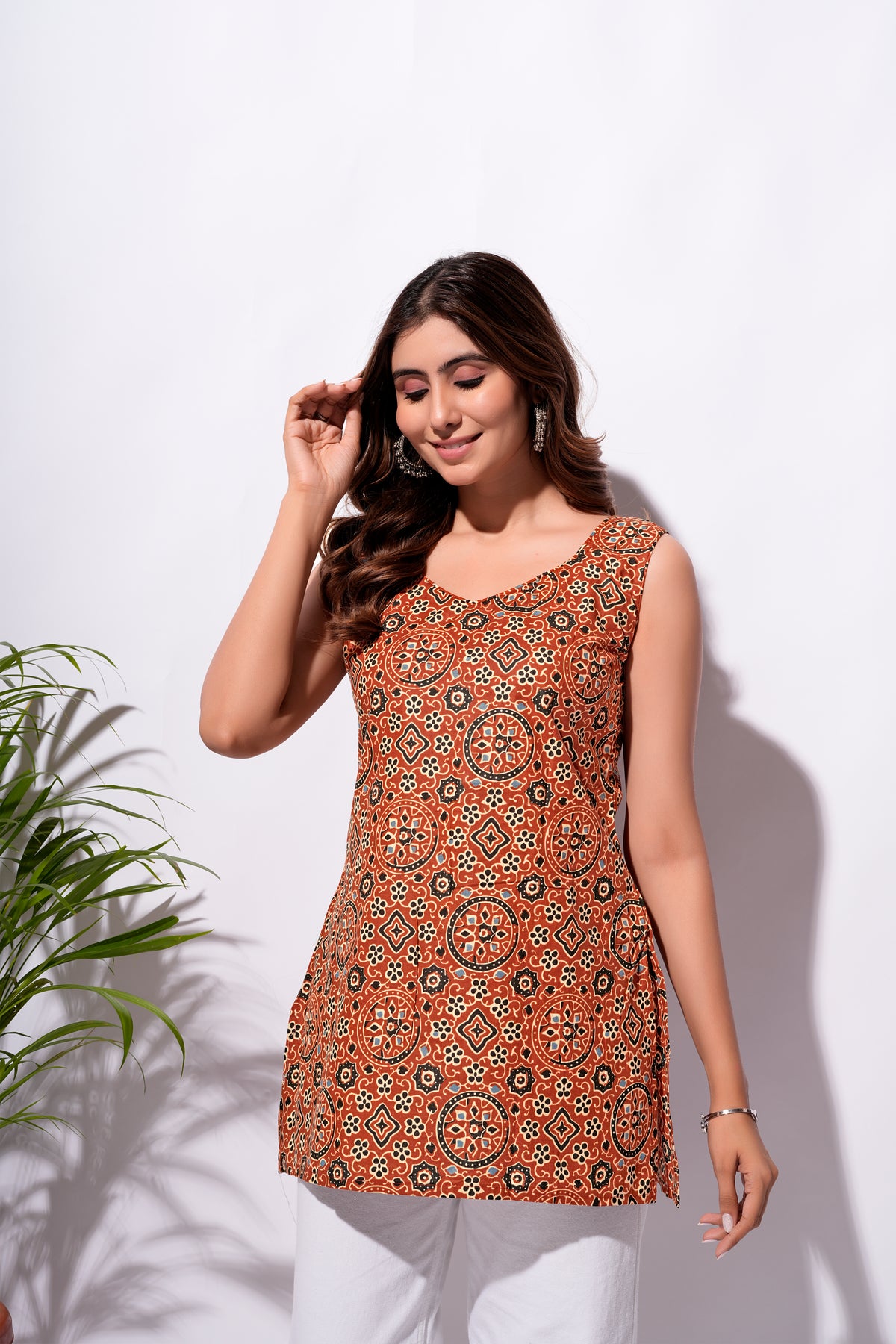 Rust Orange Printed Short Kurti