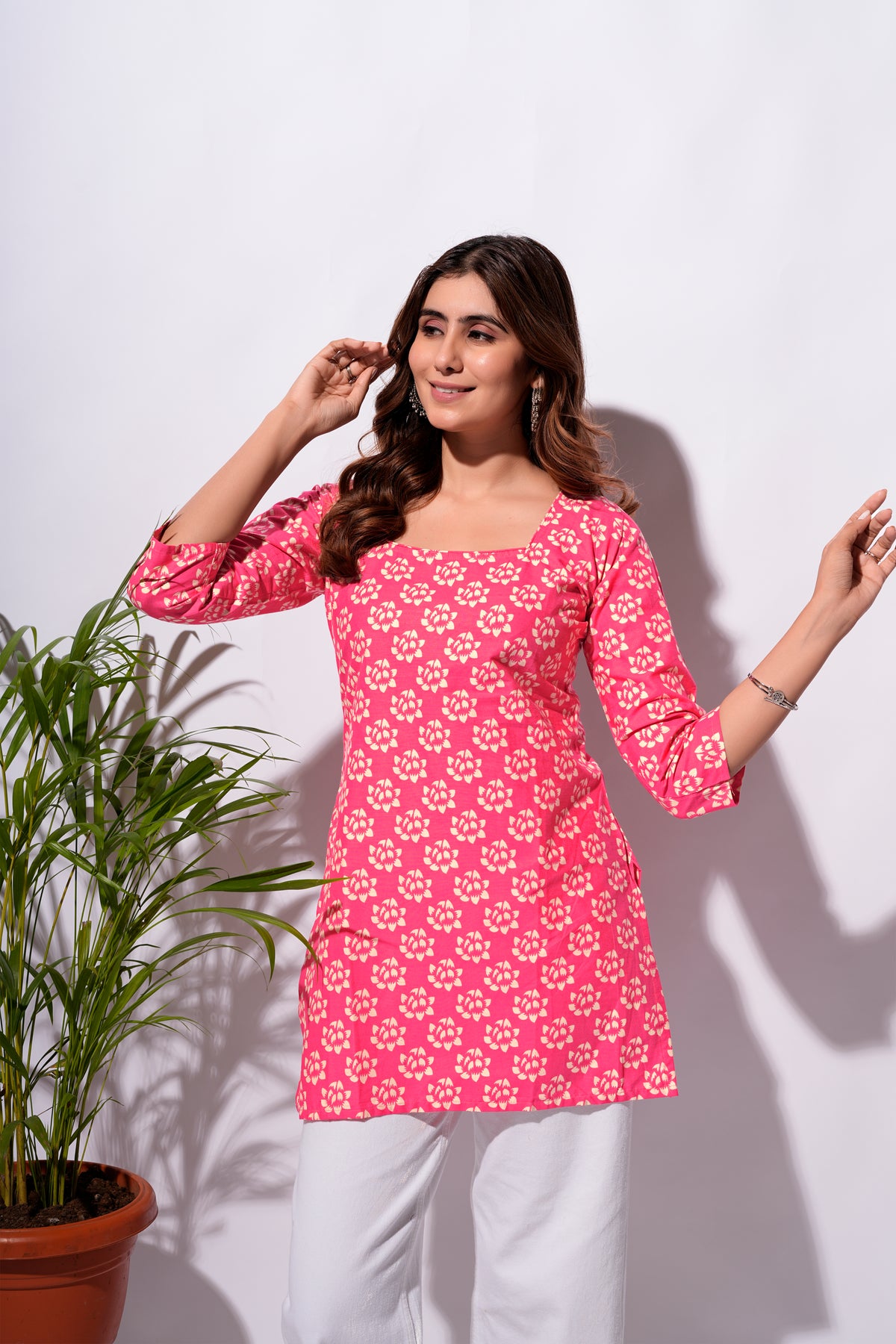 Pink Floral Printed Short Kurti for Women