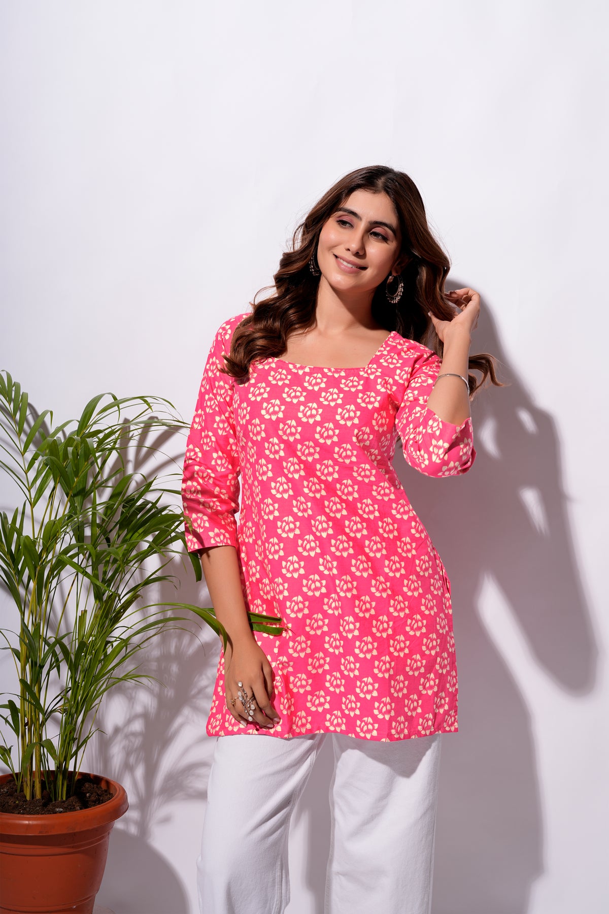 Pink Floral Printed Short Kurti for Women
