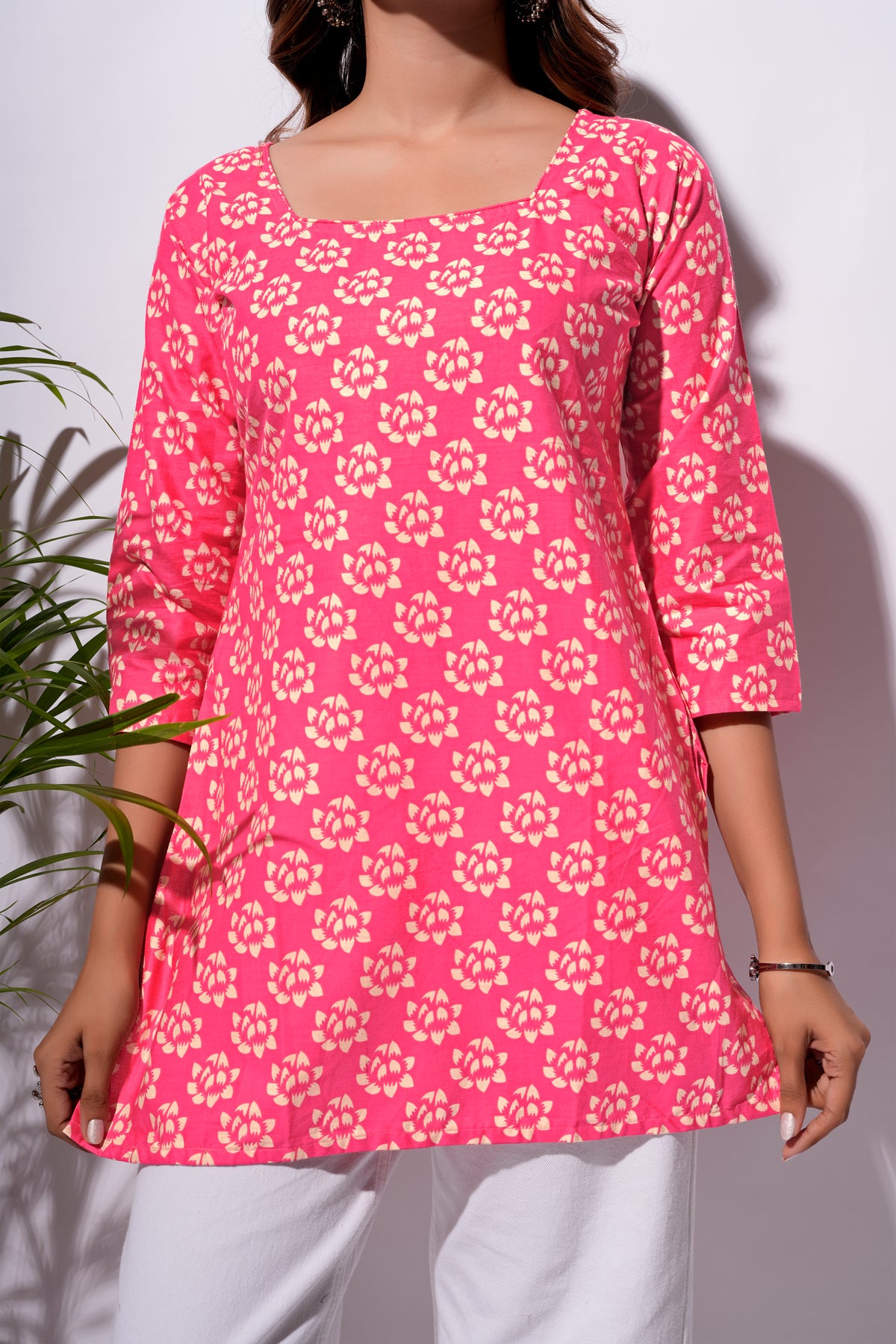 Pink Floral Printed Short Kurti for Women