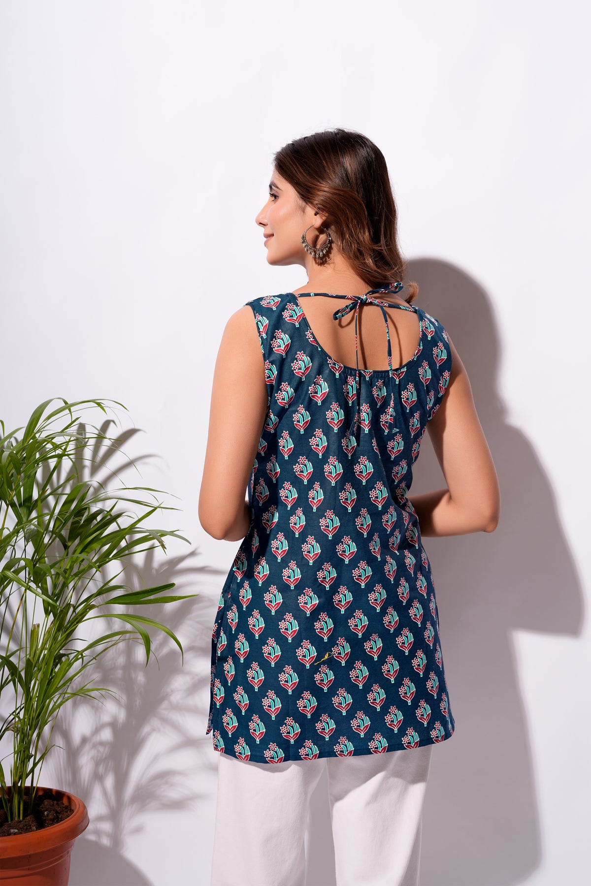 Navy Blue Floral Printed Short Kurti