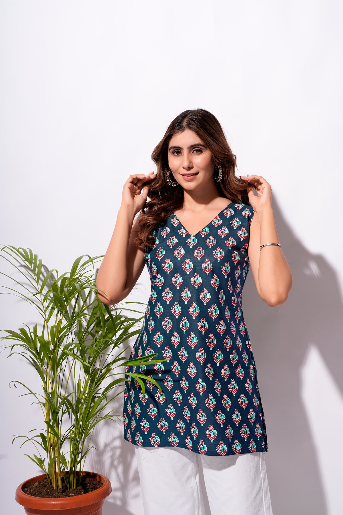 Navy Blue Floral Printed Short Kurti
