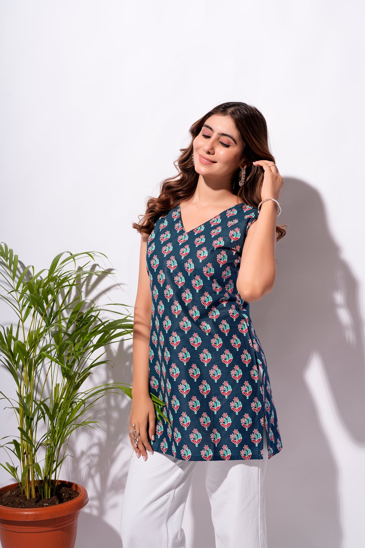 Navy Blue Floral Printed Short Kurti