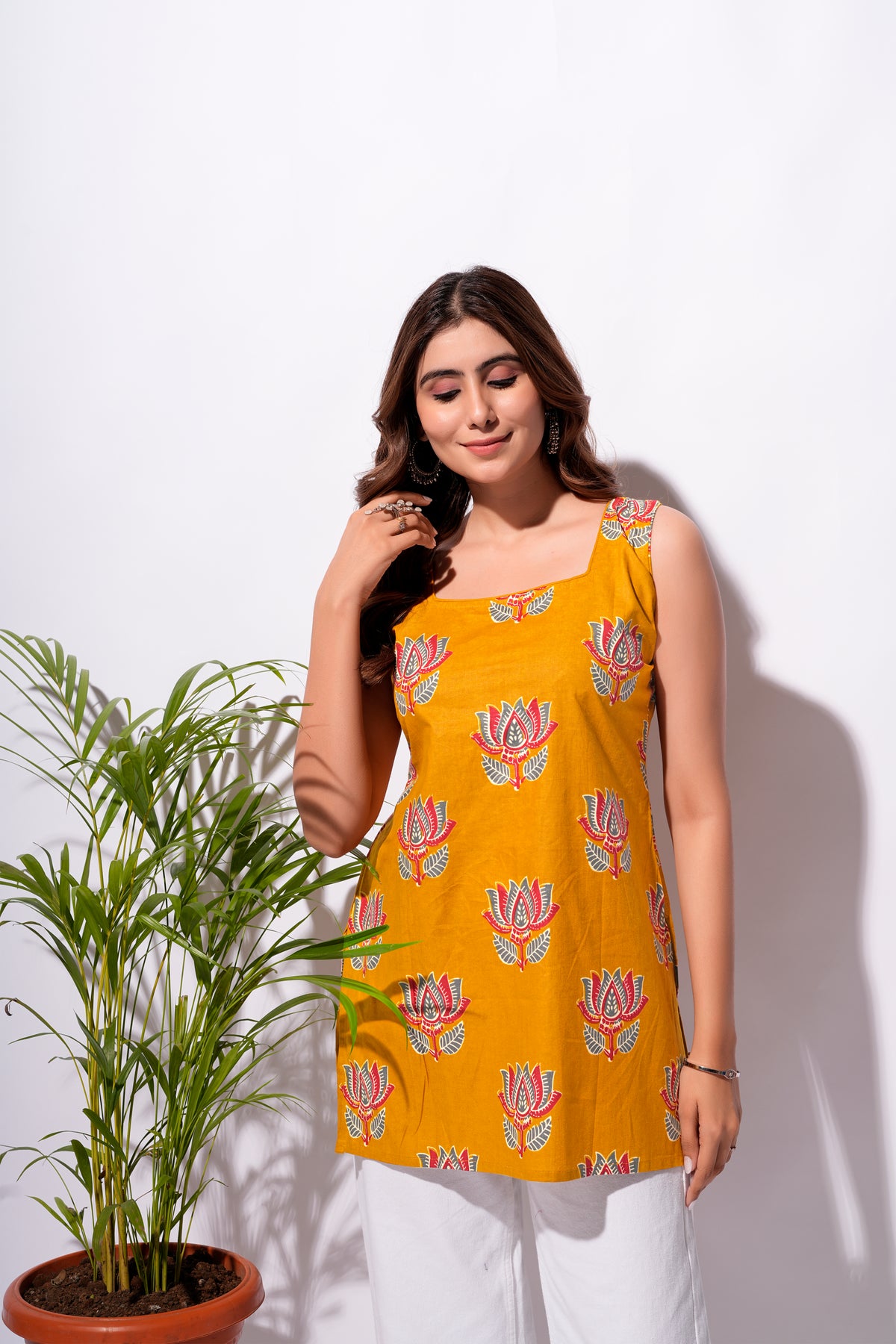 Mustard Yellow Floral Printed Short Kurti
