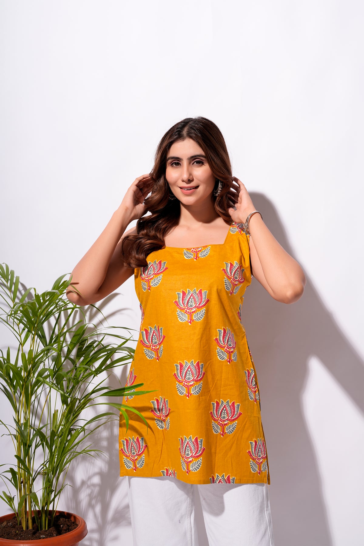 Mustard Yellow Floral Printed Short Kurti