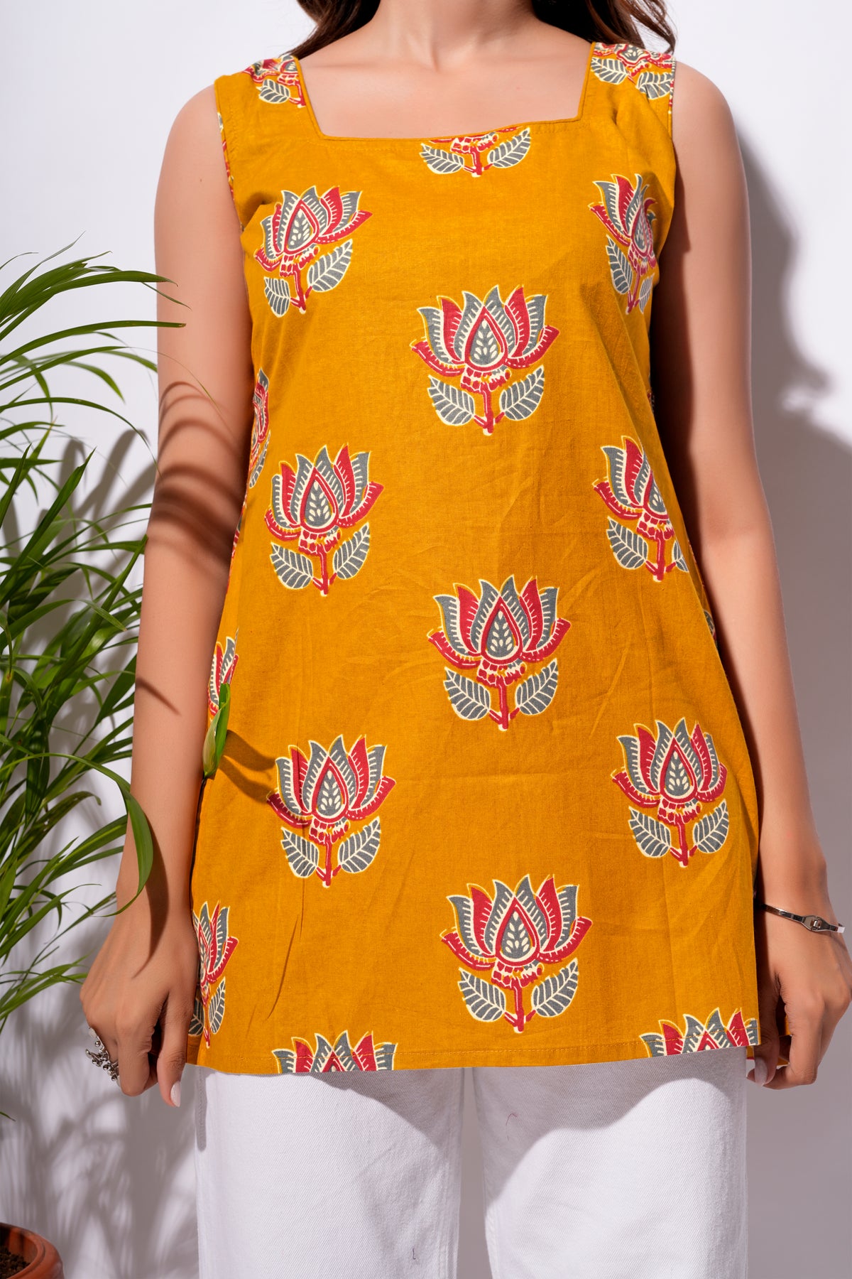 Mustard Yellow Floral Printed Short Kurti