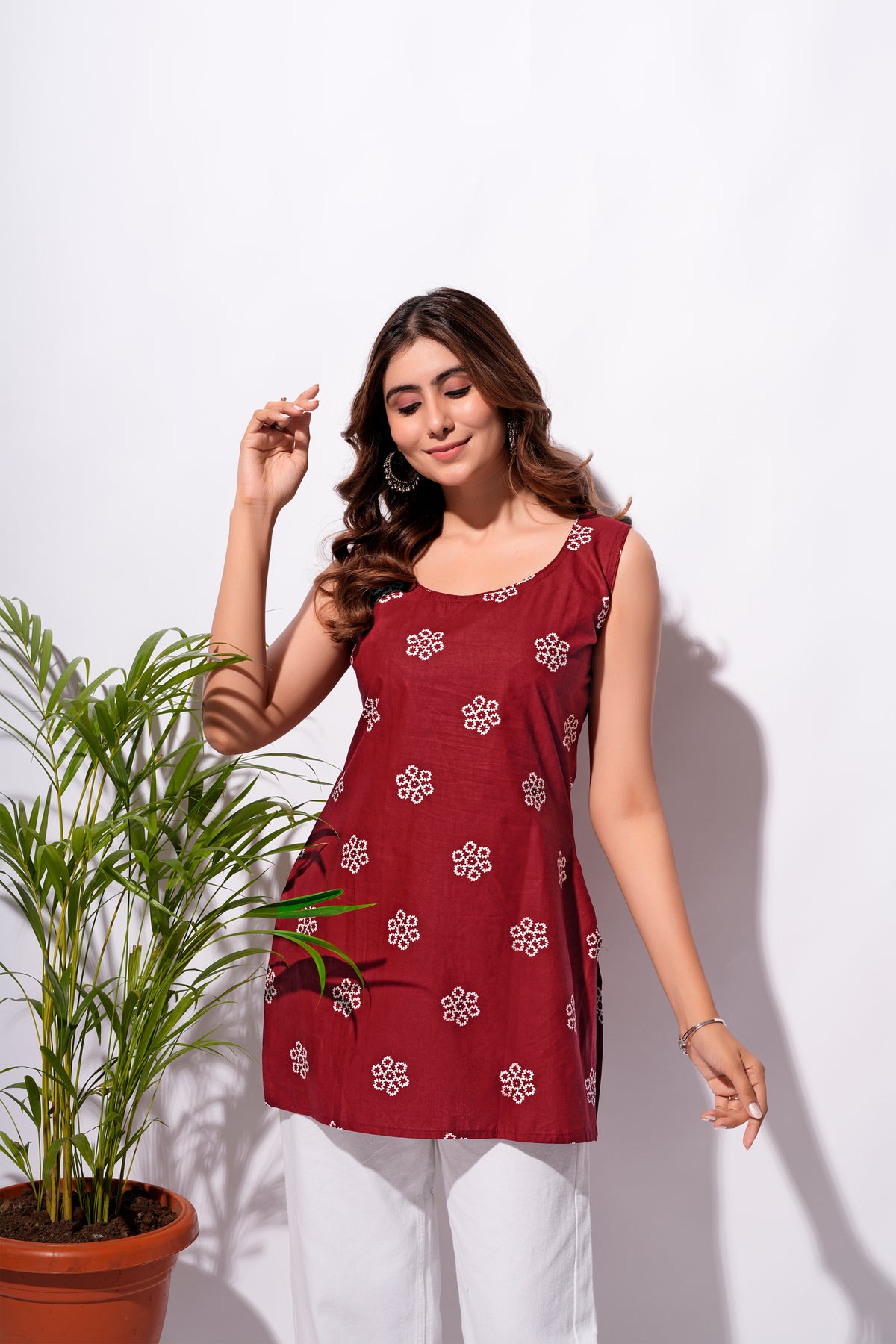 Maroon Floral Printed Short Kurti