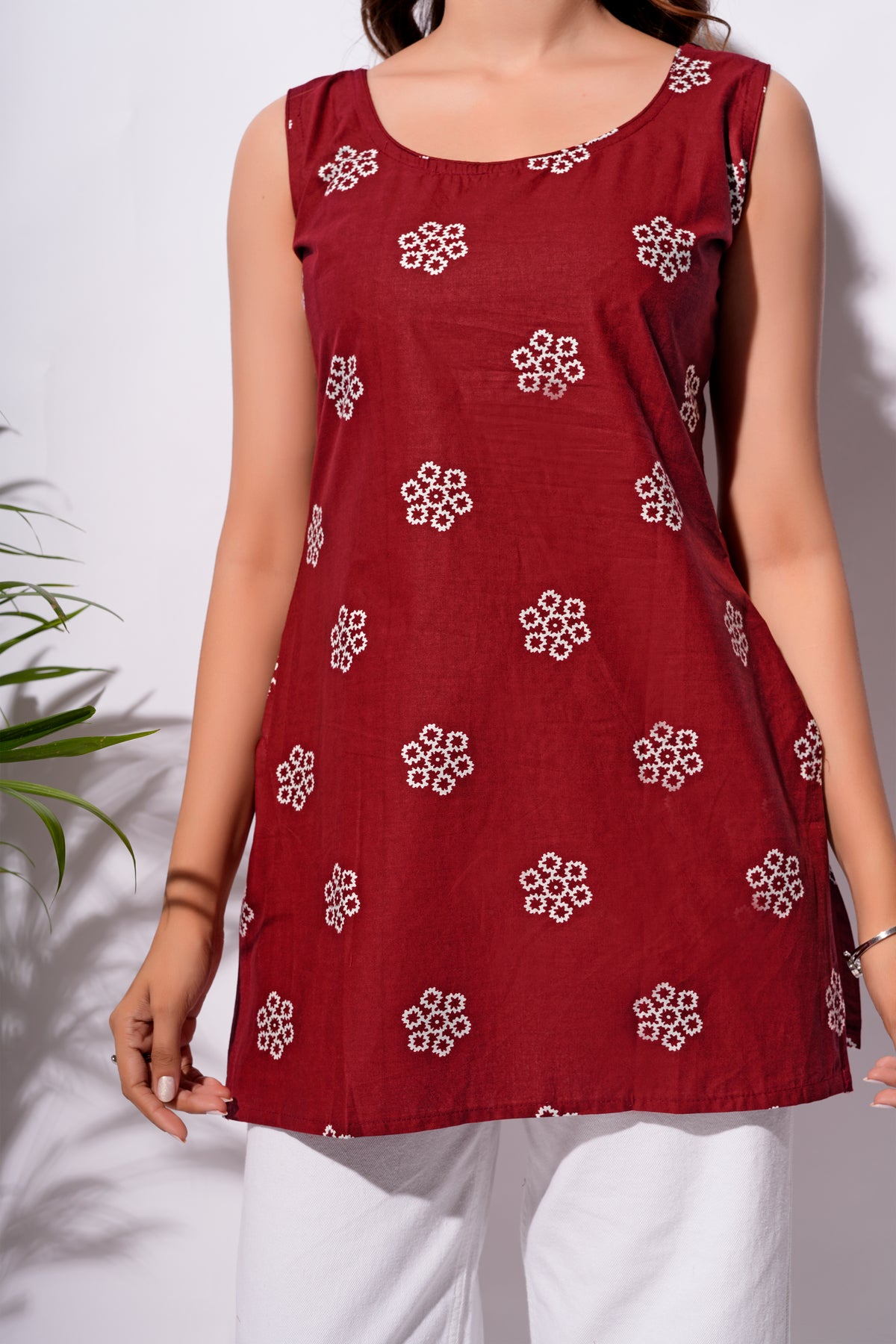 Maroon Floral Printed Short Kurti