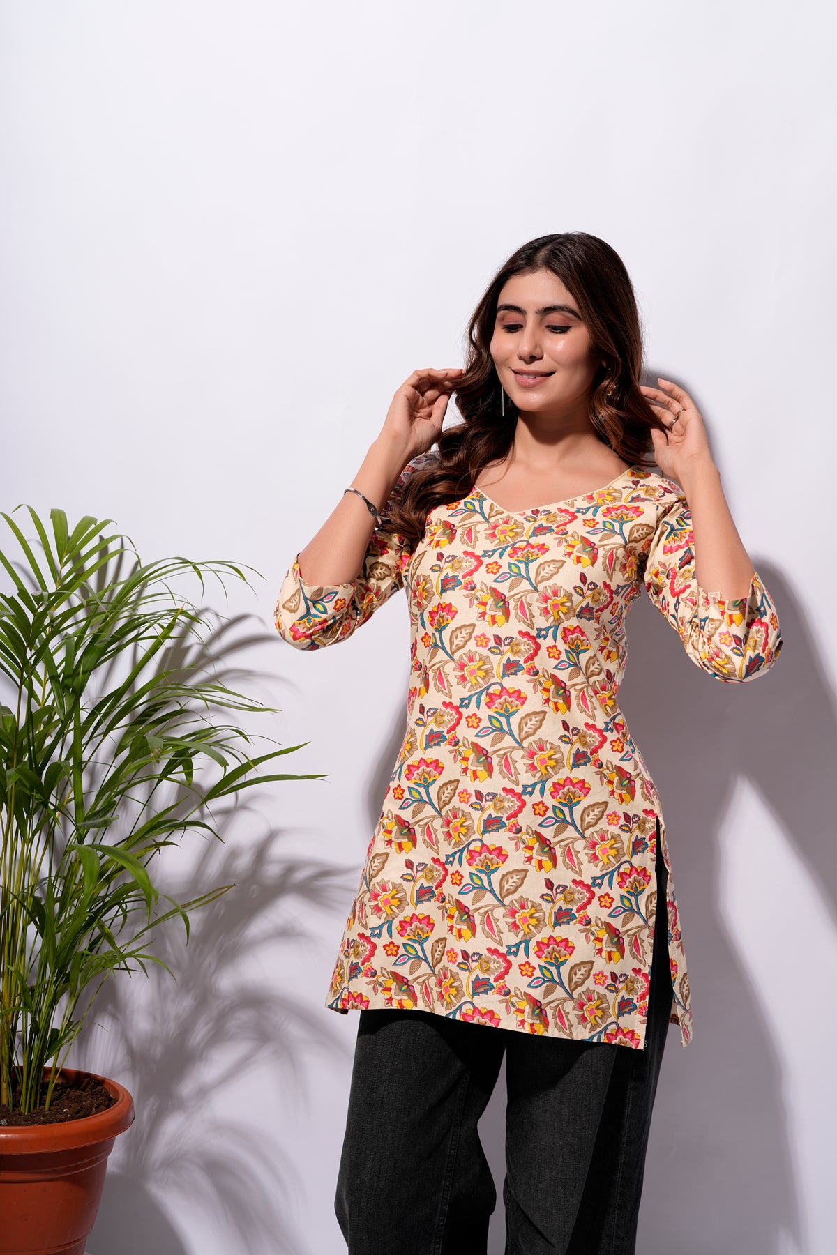 Beige Floral Printed Short Kurti