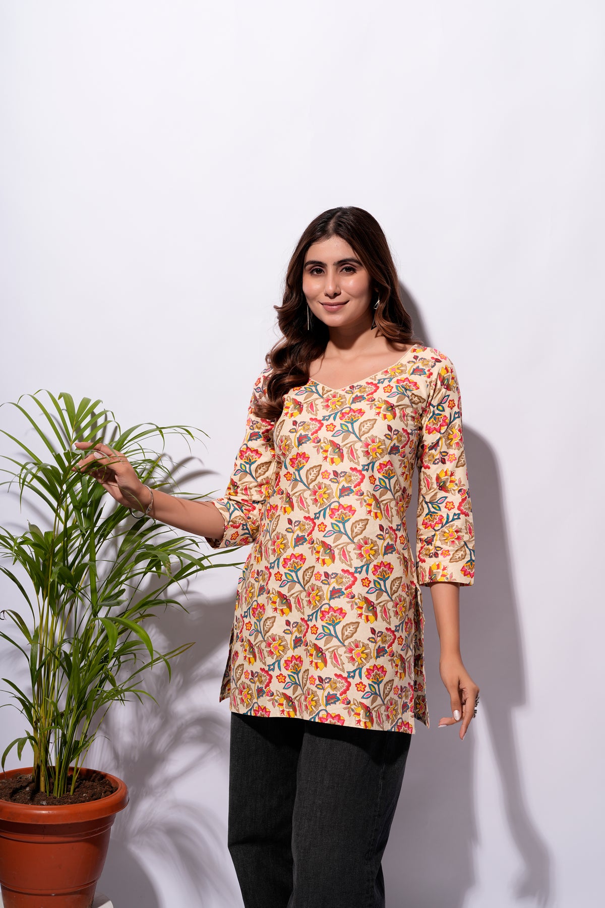 Beige Floral Printed Short Kurti