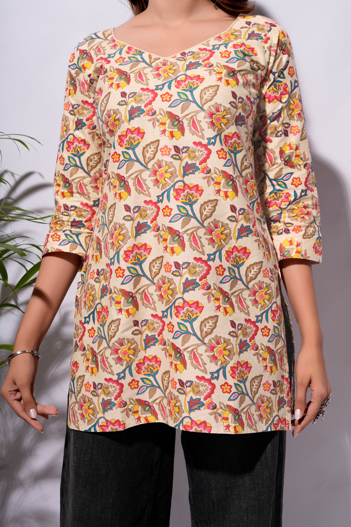 Beige Floral Printed Short Kurti