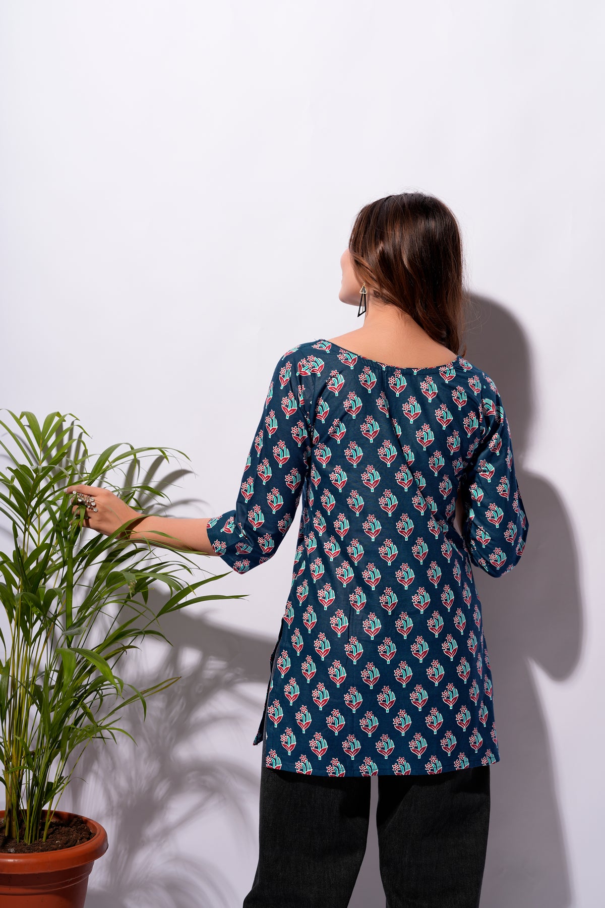 Navy Blue Floral Printed Short Kurti