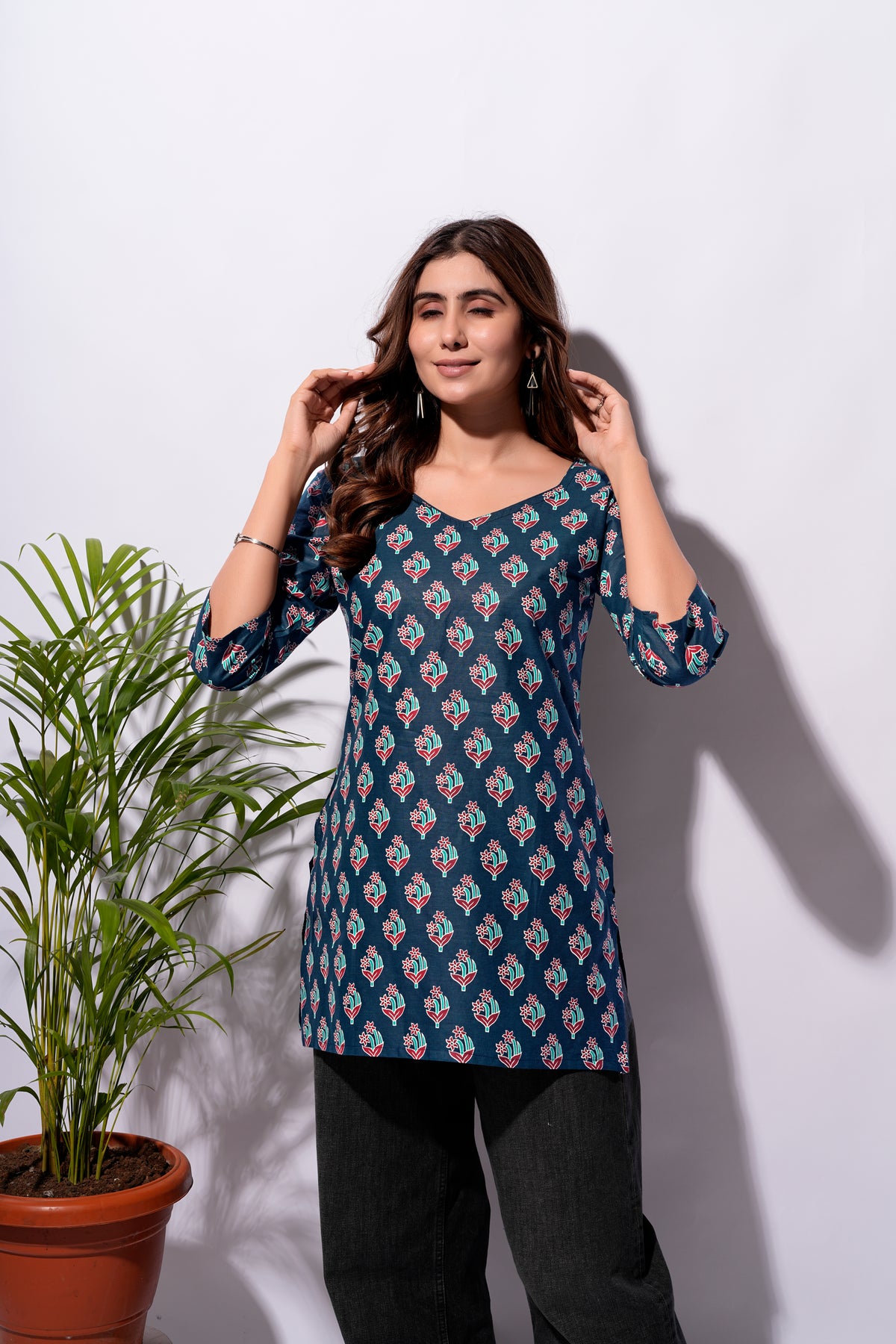Navy Blue Floral Printed Short Kurti