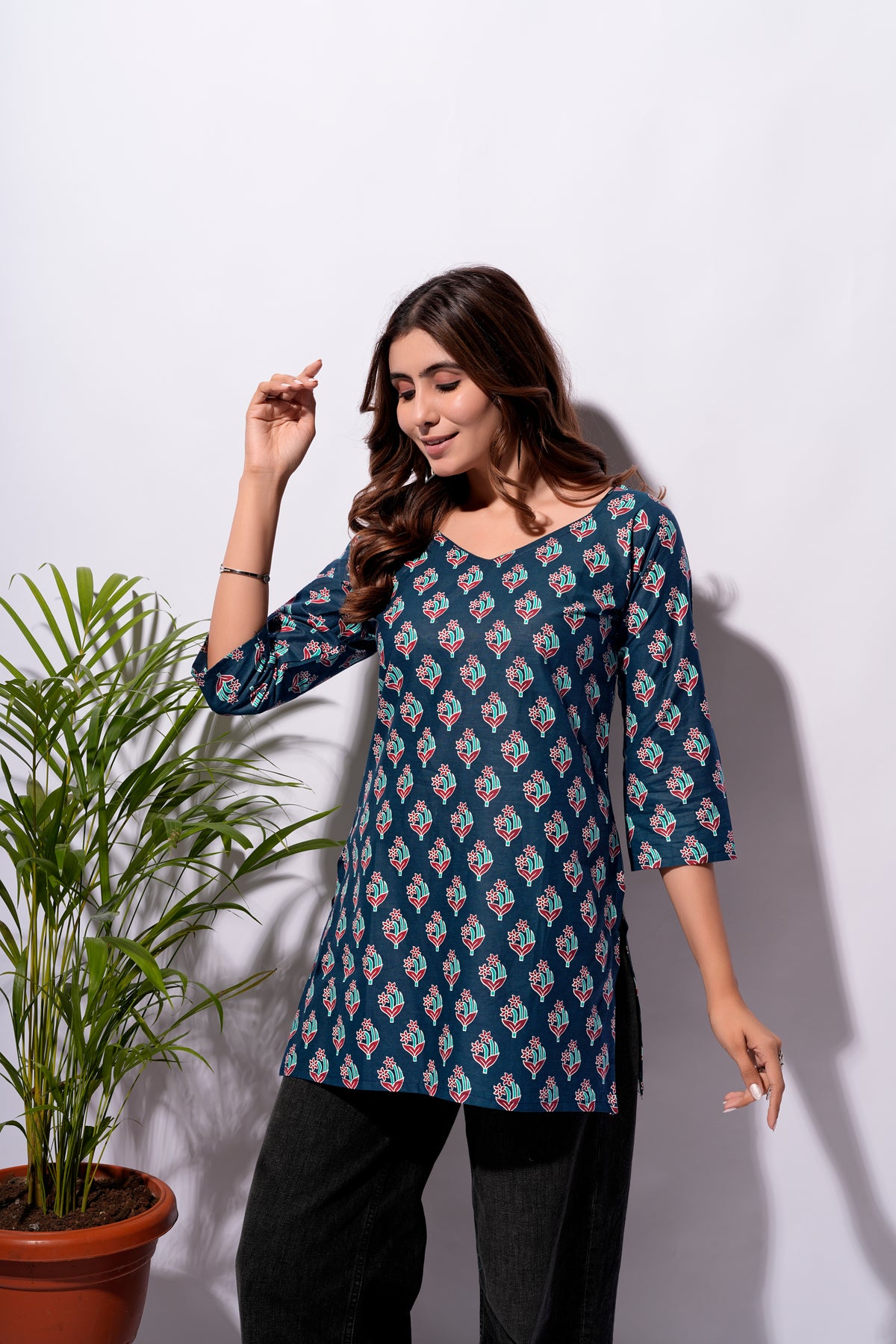 Navy Blue Floral Printed Short Kurti