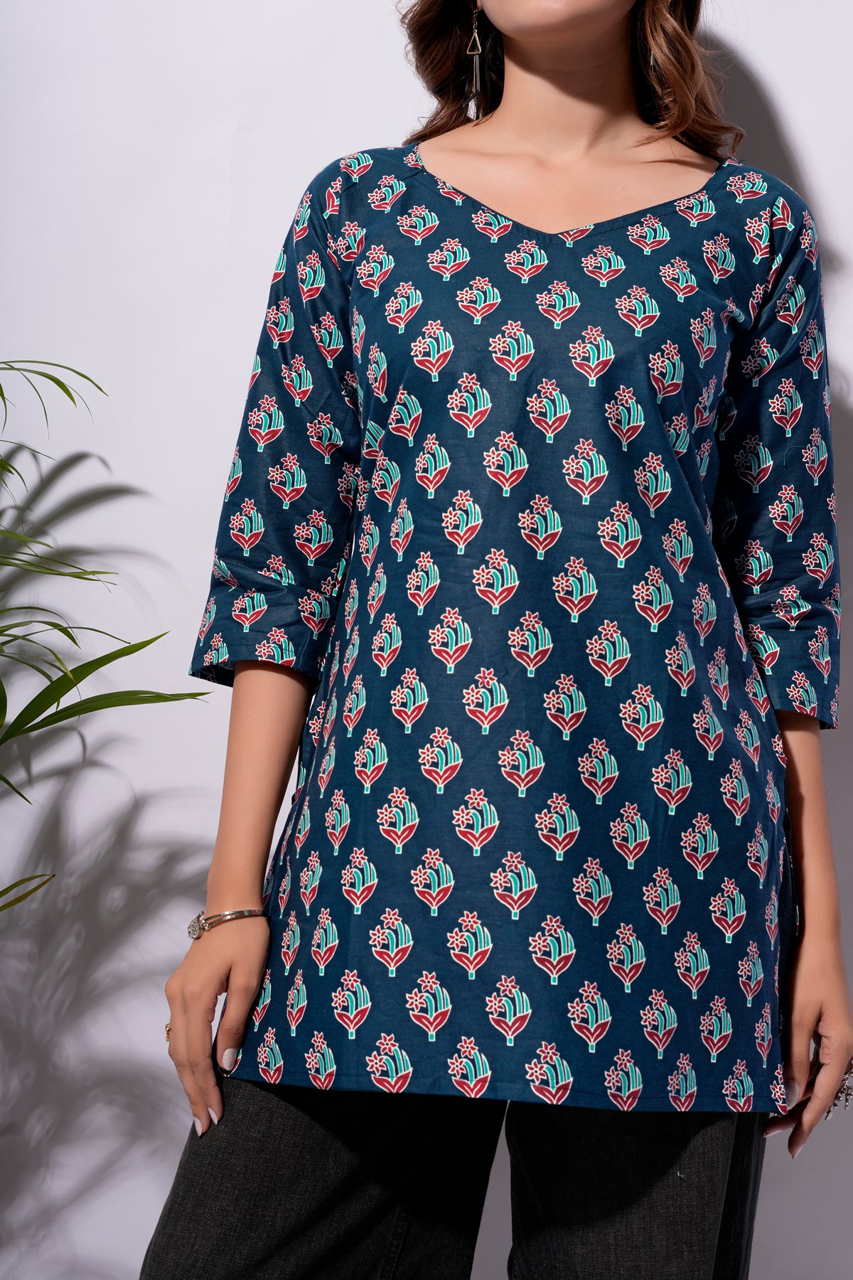 Navy Blue Floral Printed Short Kurti