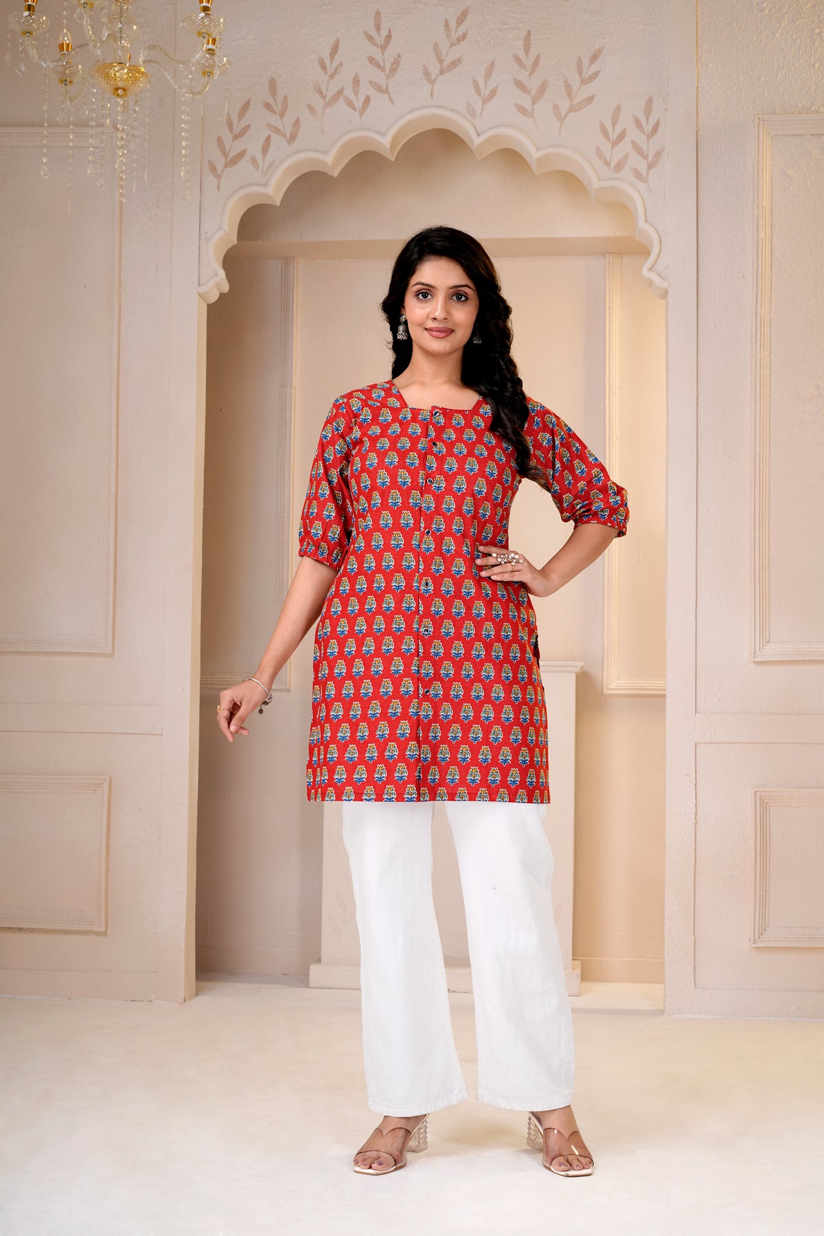 Red Floral Printed Short Kurti