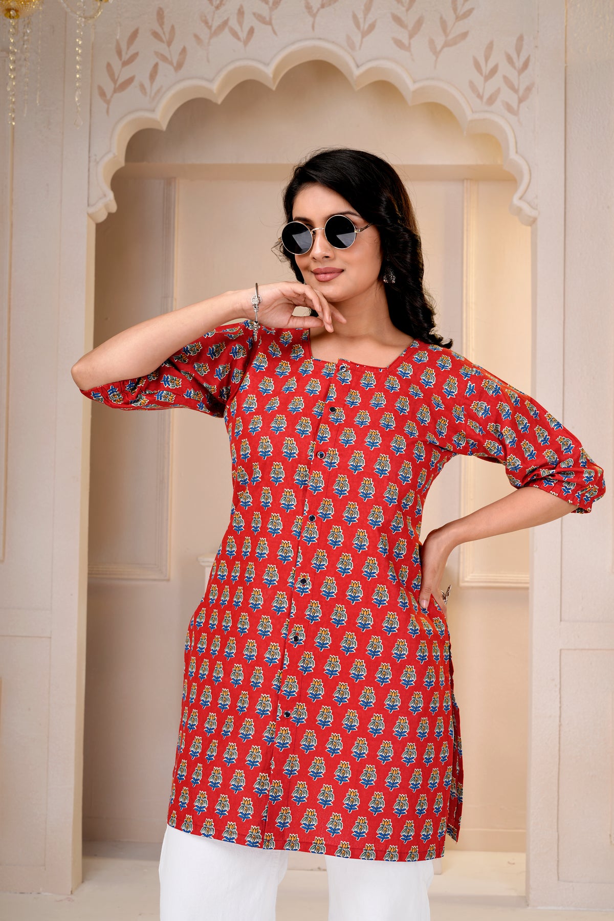 Red Floral Printed Short Kurti