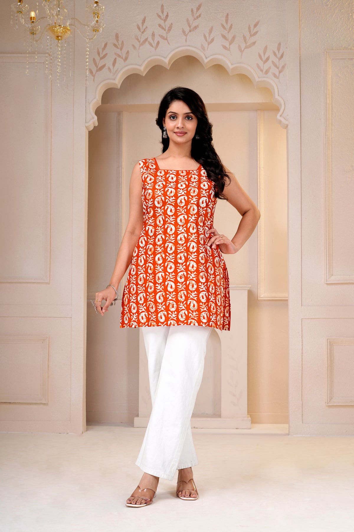 Orange Printed Sleeveless Short Kurti