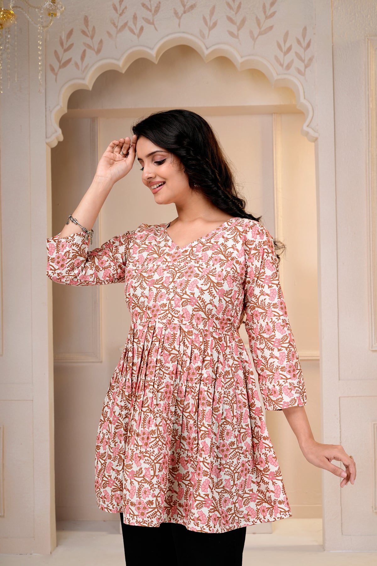 Pink Floral Printed Short Kurti