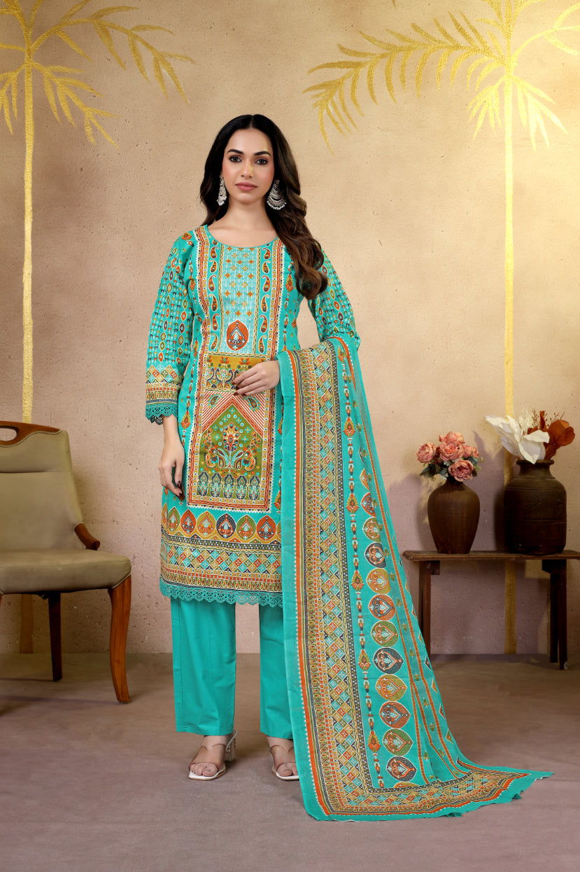 Turquoise Ethnic Printed Pakistani Suit Set