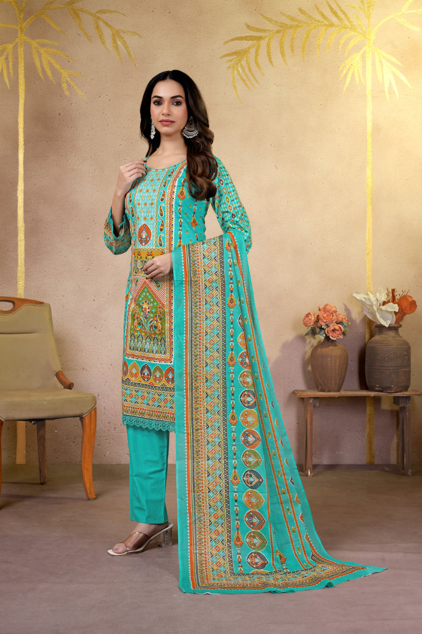 Turquoise Ethnic Printed Pakistani Suit Set
