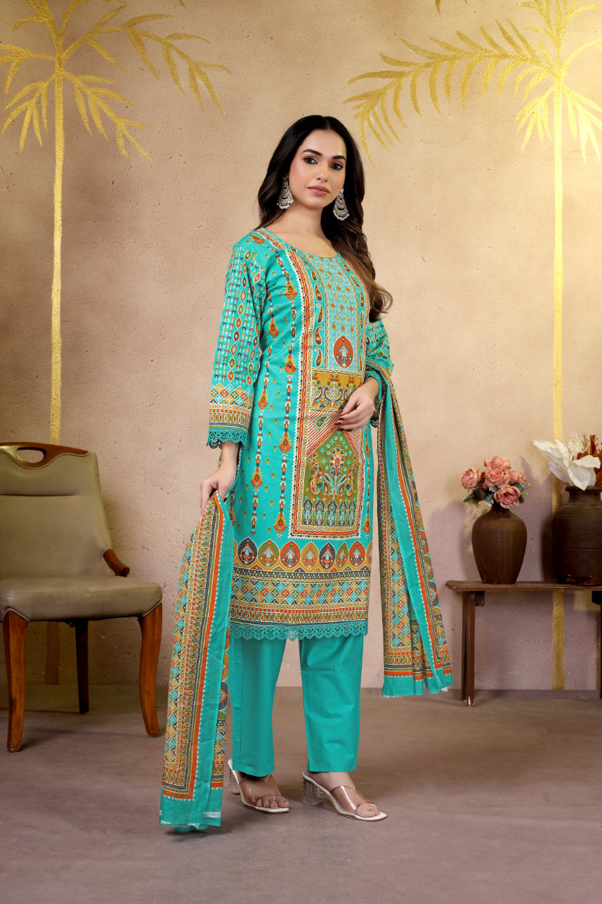 Turquoise Ethnic Printed Pakistani Suit Set