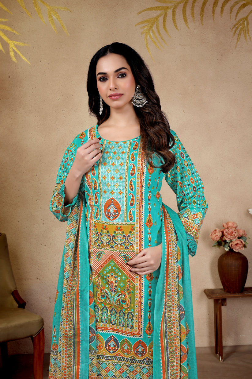 Turquoise Ethnic Printed Pakistani Suit Set