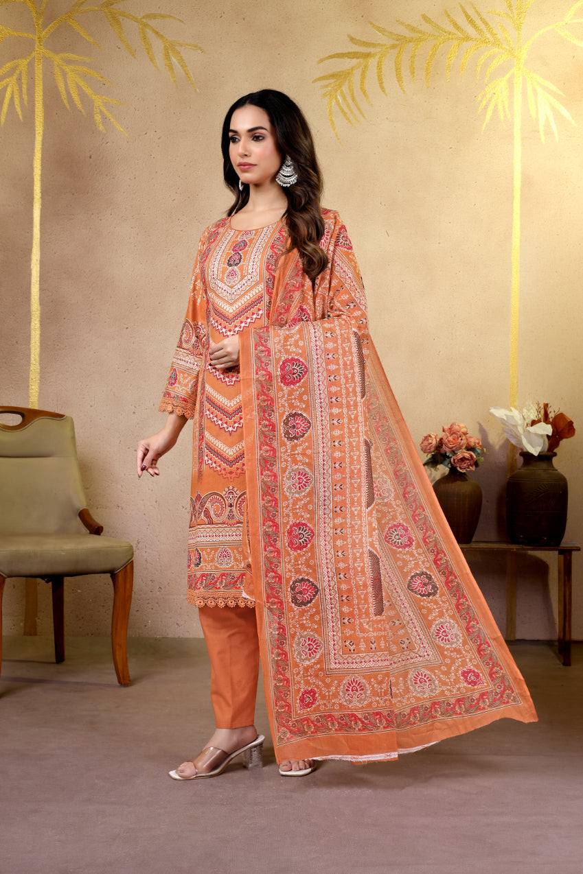 Peach Ethnic Printed Pakistani Suit Set