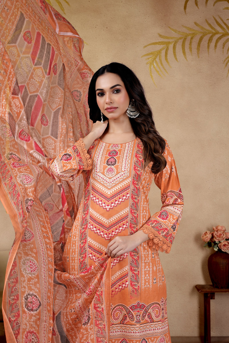 Peach Ethnic Printed Pakistani Suit Set