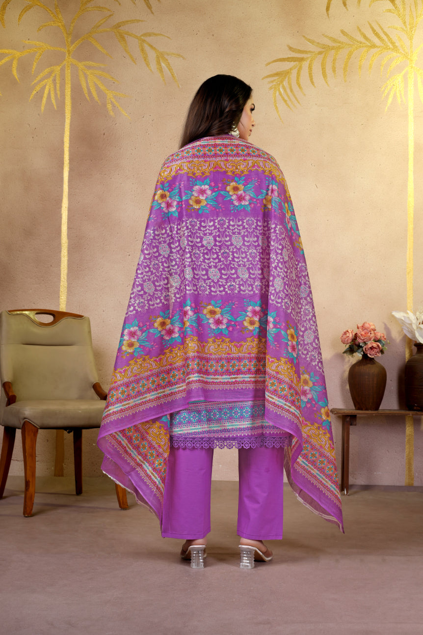 Purple Floral Printed Pakistani Suit Set