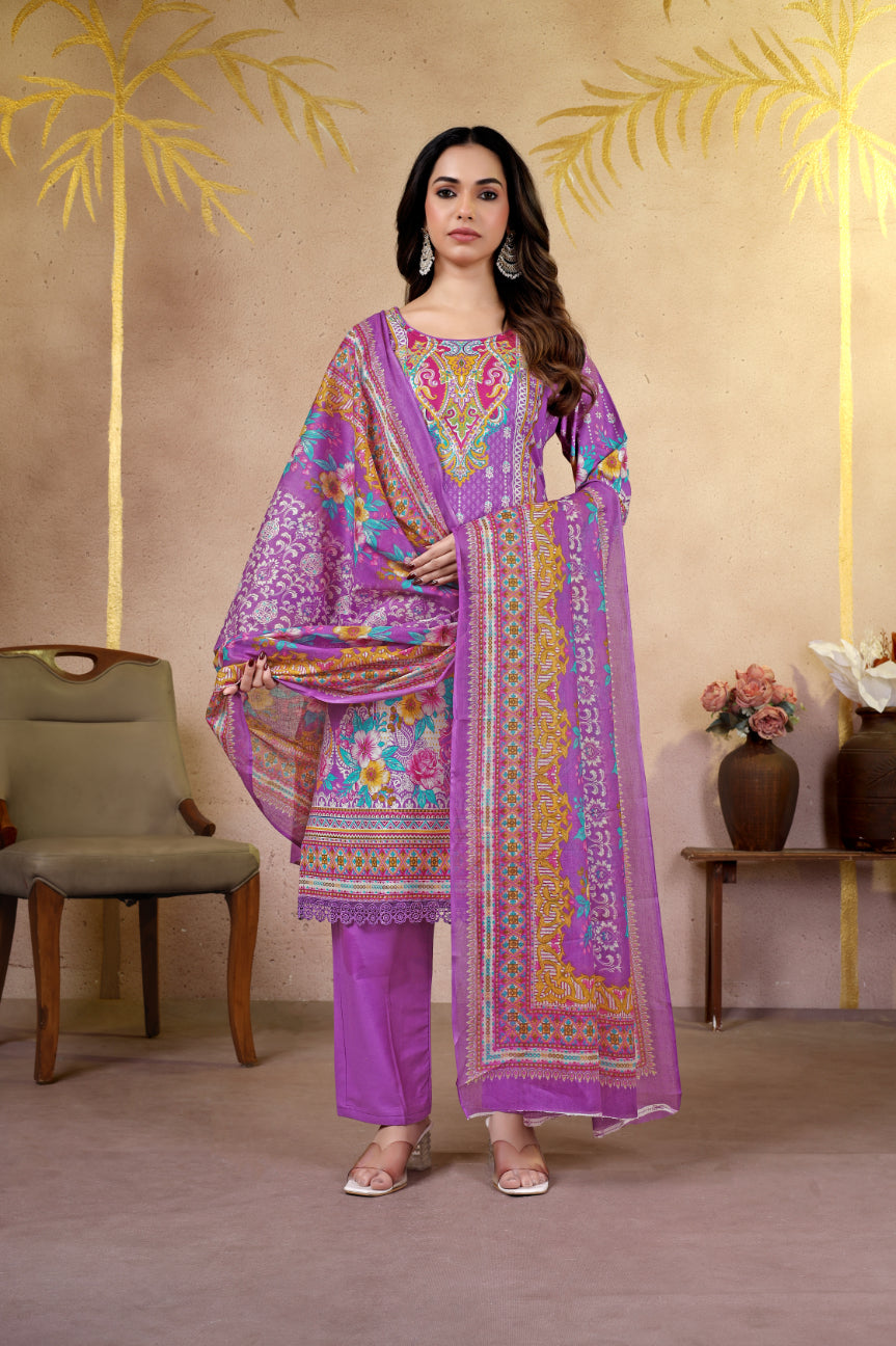 Purple Floral Printed Pakistani Suit Set