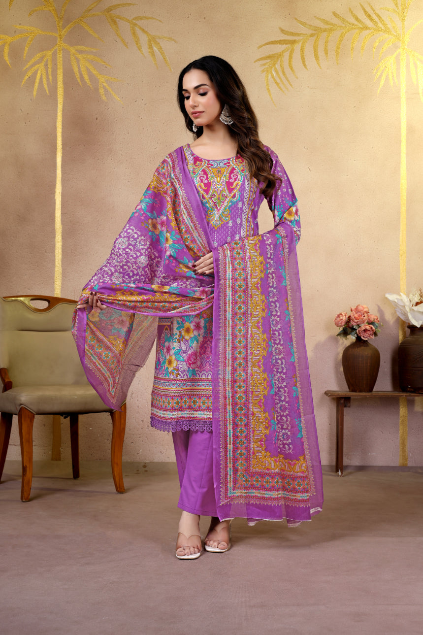 Purple Floral Printed Pakistani Suit Set