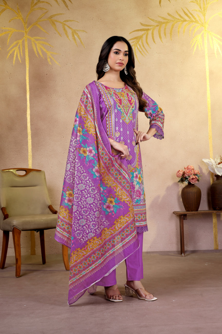 Purple Floral Printed Pakistani Suit Set