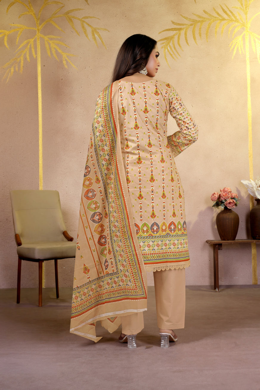 Beige Ethnic Printed Pakistani Suit Set